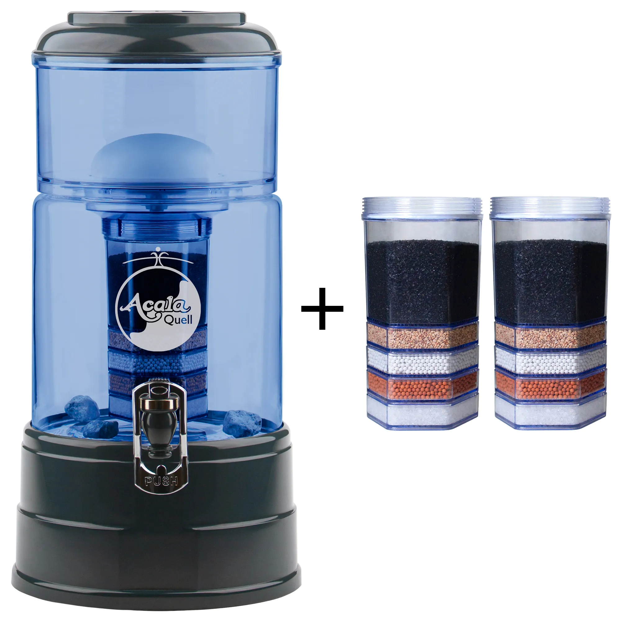Zu sehen ist der Acala Wasserfilter Mini in blau-anthrazit inklusive einer Filterkartusche und einem Keramikfilter. Zusätzlich sieht man zwei Filterkartuschen. Das Bild zeigt das Einsteigerpaket für ein Jahr.