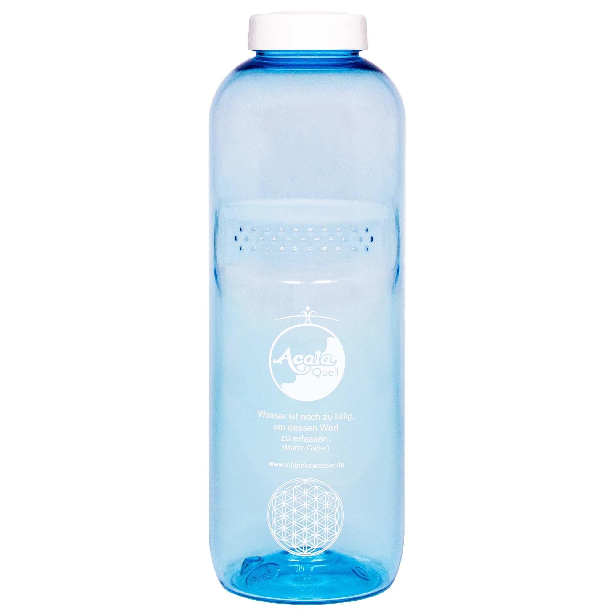 Eine blaue Tritan Trinkflasche Grip 1L mit weißem Schraubdeckel vor weißem Hintergrund.