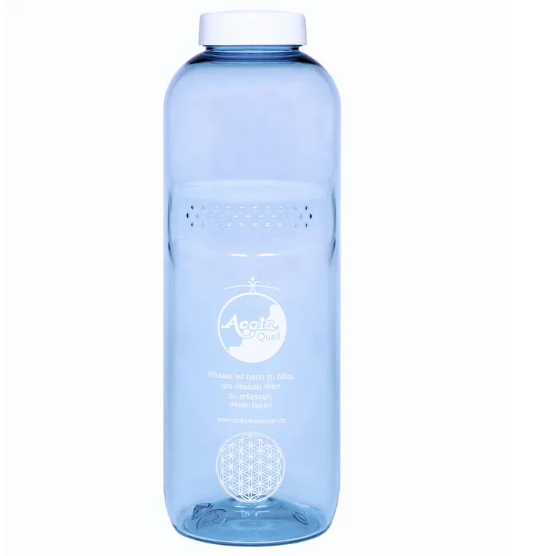 Ein Liter Tritanflasche mit weißem Deckel Und Logo Aufdruck und Blume des Lebens