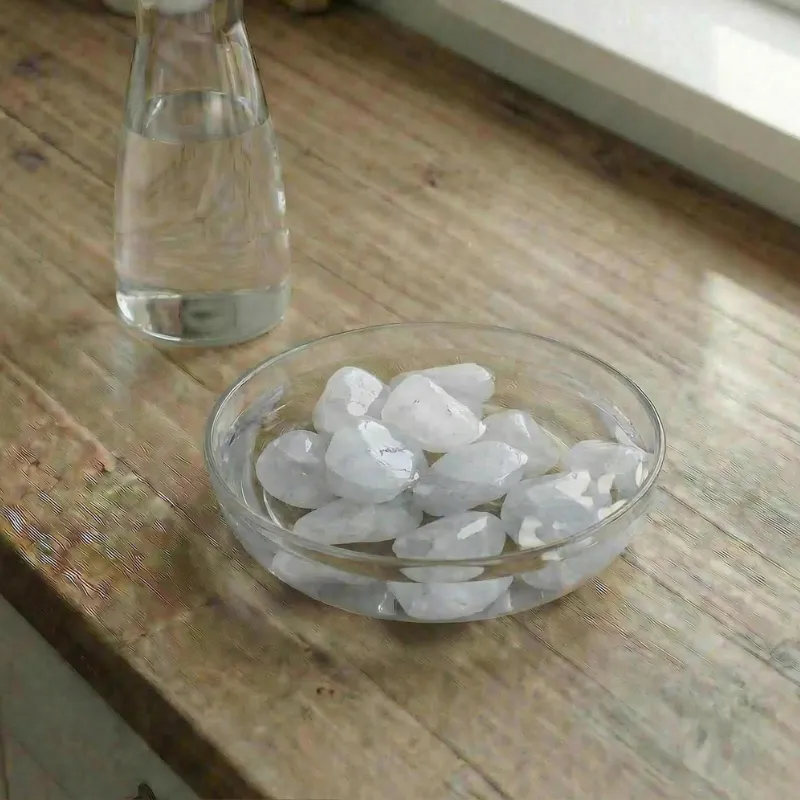 In einer Glasschale liegen Bergkristalle in Wasser, daneben steht eine mit Wassergefüllte Karaffe in einer Küche