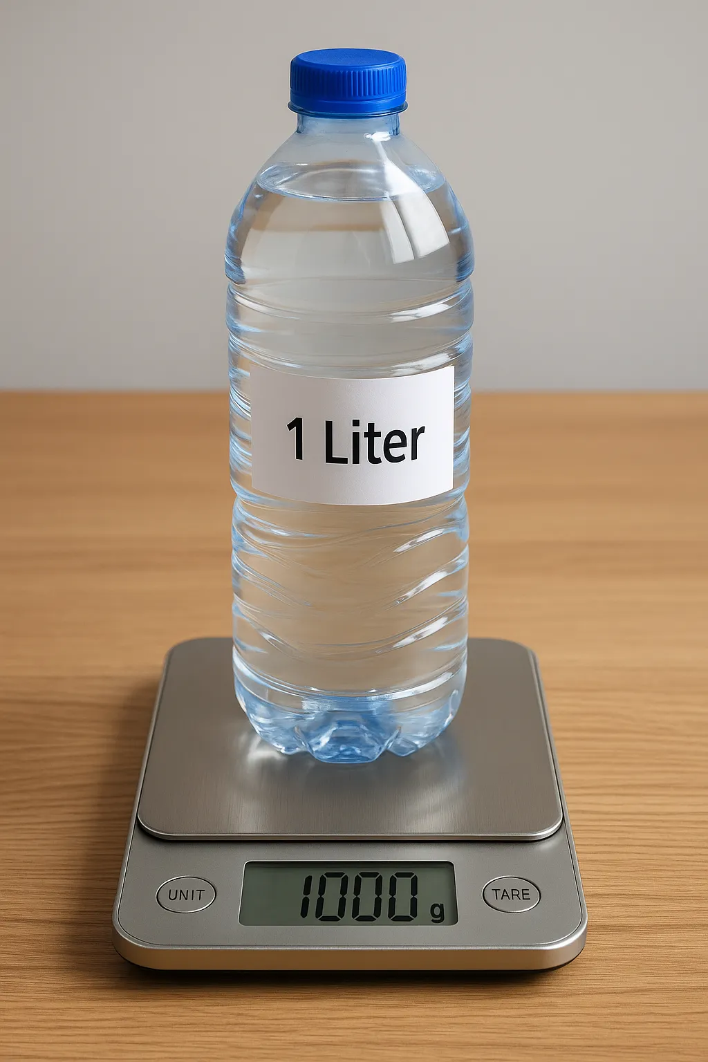 Eine Flasche mit 1.Liter Waser auf einer Waage die 1000g anzeigt
