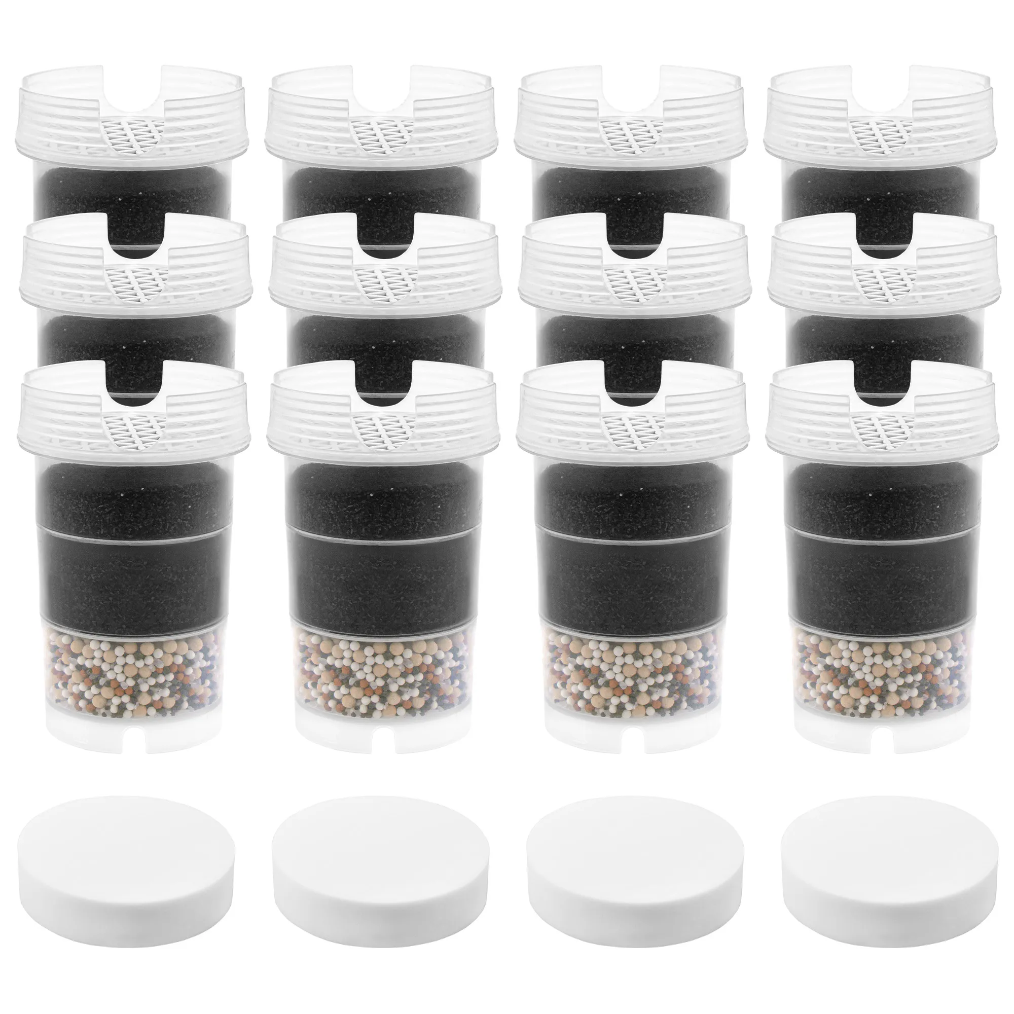 Zwei -Jahrespaket Kartusche|AcalaQuell® Wasserfilter-Kanne│Mikroschwamm Zwölf Filterkartuschen für AcalaQuell Kannenwasserfilter ONE, Swing, Sunny, Wassetto und Silizia vor weißem Hintergrund, davor liegen vier weiße Mikroschwämme. Mit diesem 2-Jahrespaket kann man 24 Monate Wasser filtern.