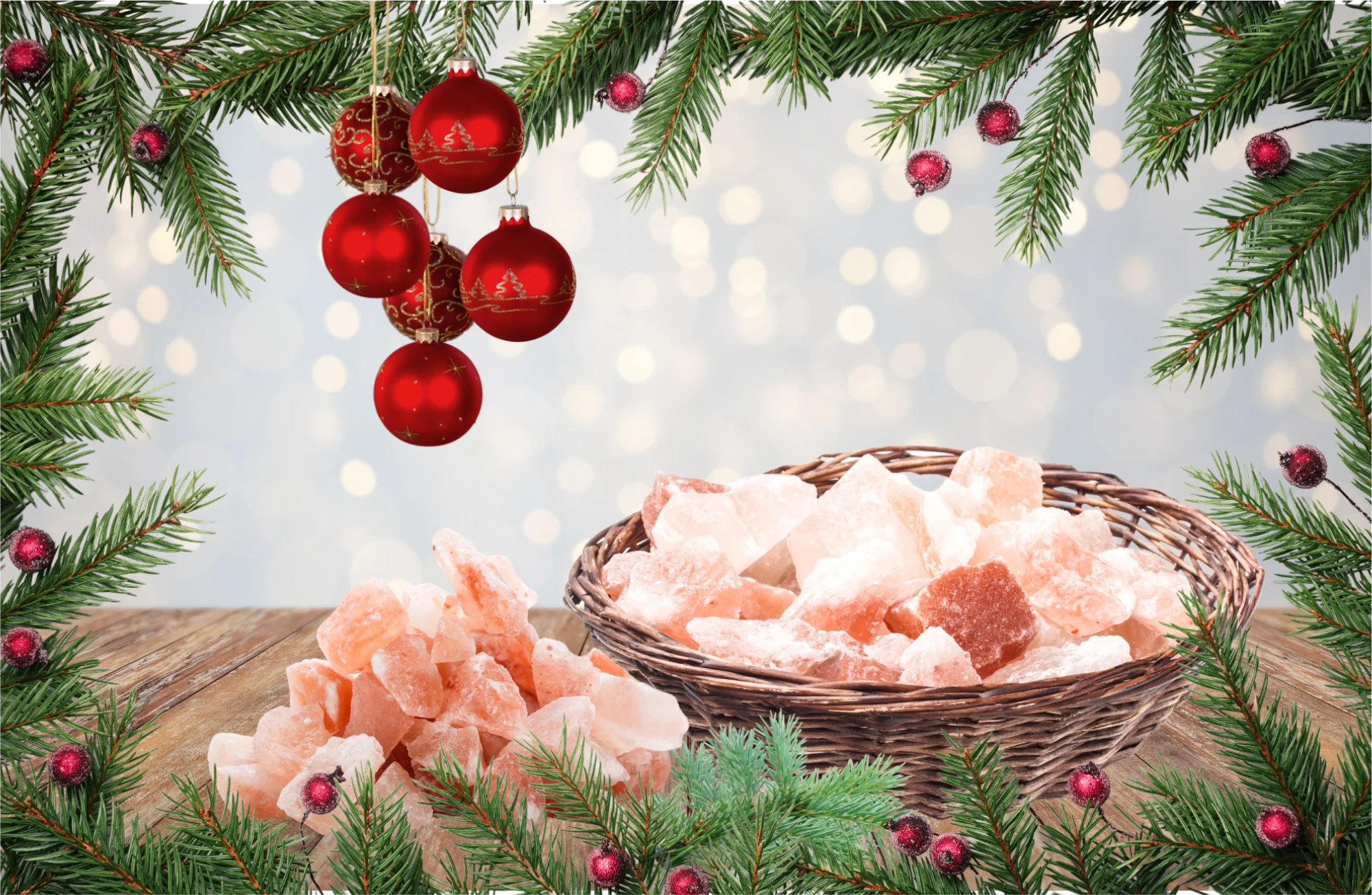 Holzkorb mit groben, rosa Kristall Salzbrocken von Acala in weihnachtlicher Atmosphäre.