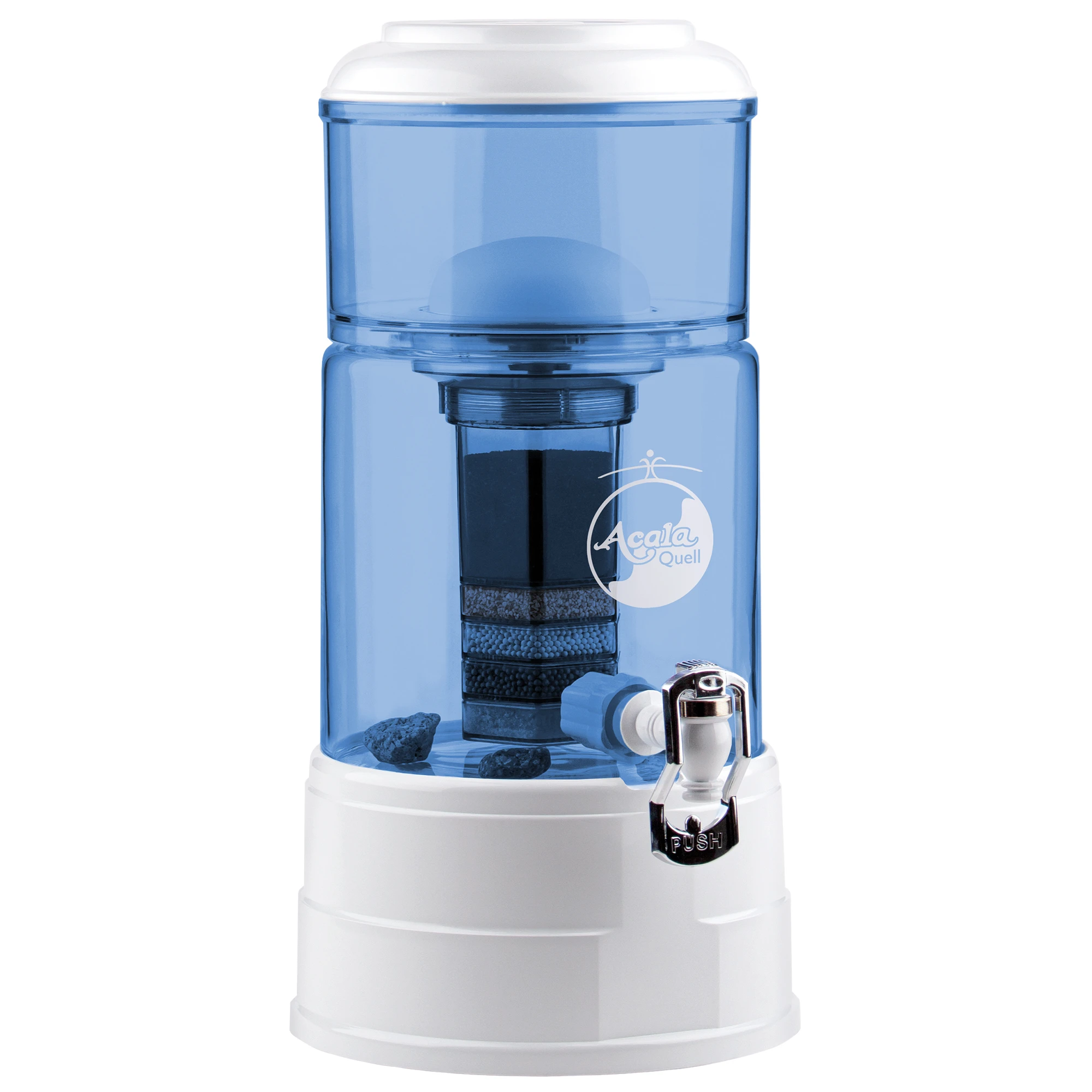 Zu sehen ist der Wasserfilter Mini in blau-weiß inklusive Filterkartusche und Keramikfilter, weißer Hintergrund. Sockel, Deckel und Hahn in weiß. 5L Glastank in blau mit heller Acala Logo Gravur, oberer Einfüllbehälter auch in blau.