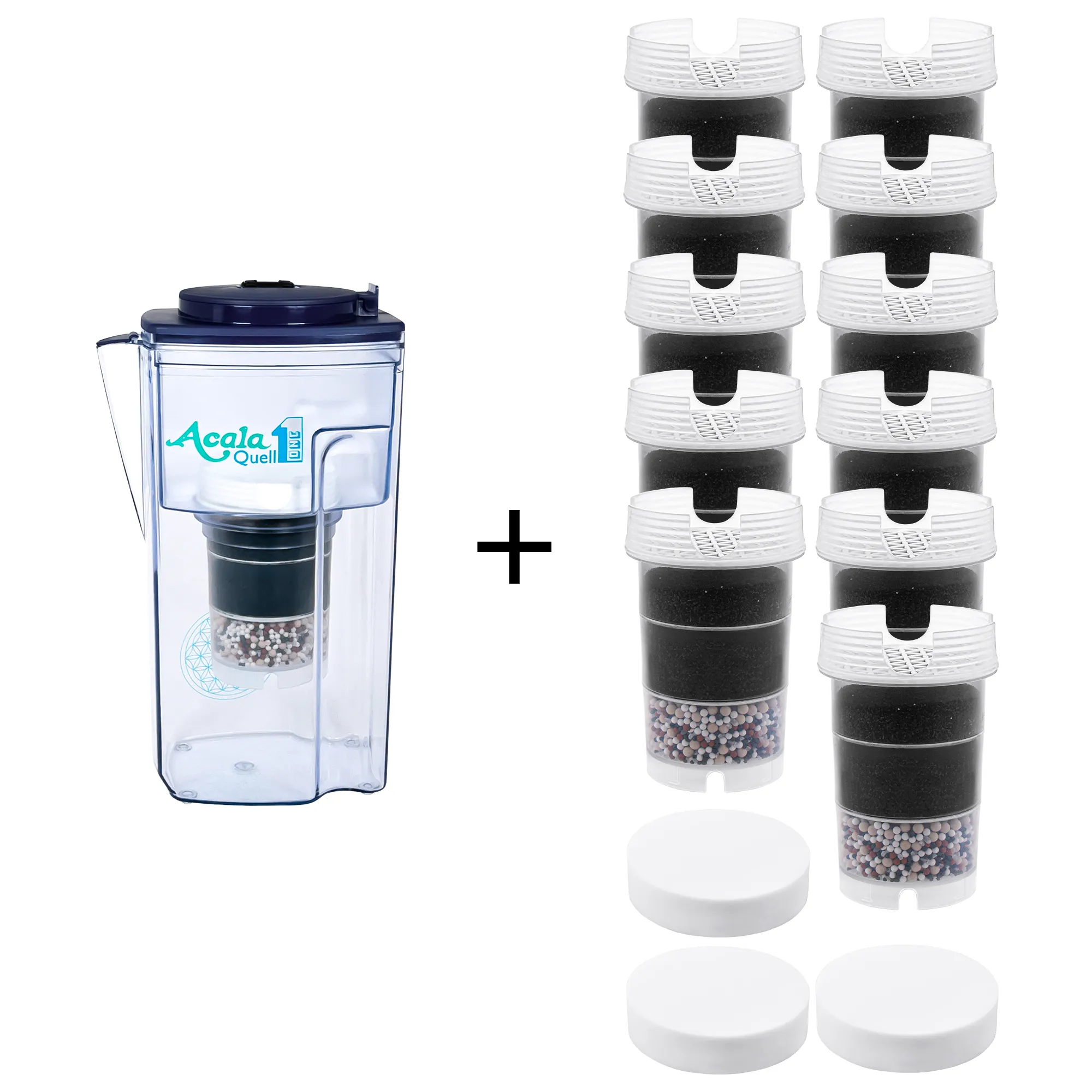 großes Einsteigerpaket AcalaQuell® One in dunkelblau Acala Quell Kannen Wasserfilter ONE mit Deckel in dunkelblau inklusive einer Filterkartusche und einem Mikroschwamm plus elf Filterkartuschen und 3 Mikroschwämme. Mit diesem großen Einsteigerpaket ist man für zwei Jahre versorgt.