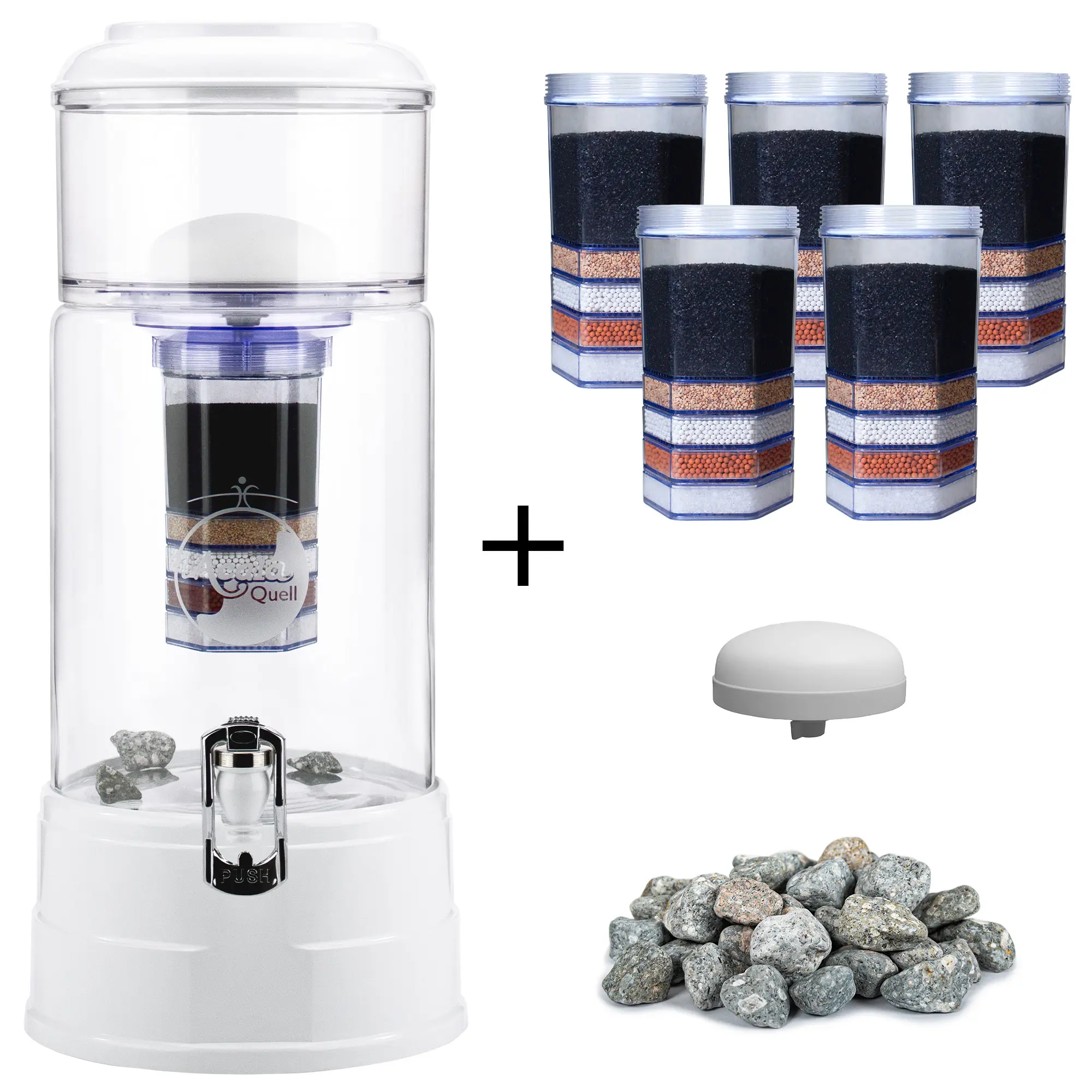 großes Einsteigerpaket AcalaQuell® Midi- Kristallklar Weiß Zu sehen ist der Acala Midi in kristallklar-weiß inklusive einer Filterkartusche und einem Keramikfilter. Zusätzlich sieht man 5 Filterkartuschen, einen Keramikfilter und einen Haufen Mineralsteine. Man sieht das große Einsteigerpaket für zwei Jahre.