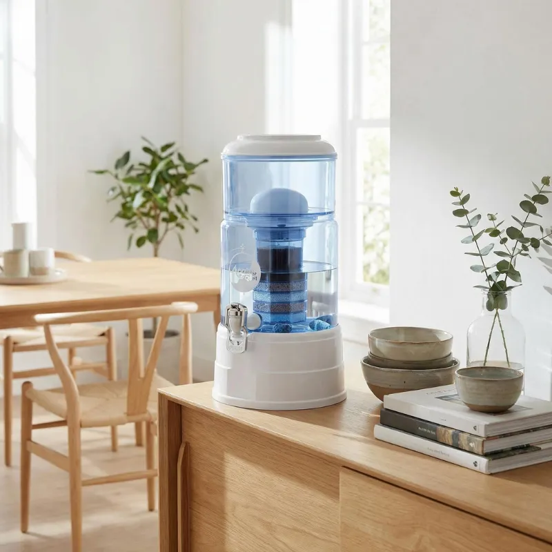 Standfilter mini in blau Auf einem Sideboard im Esszimmer