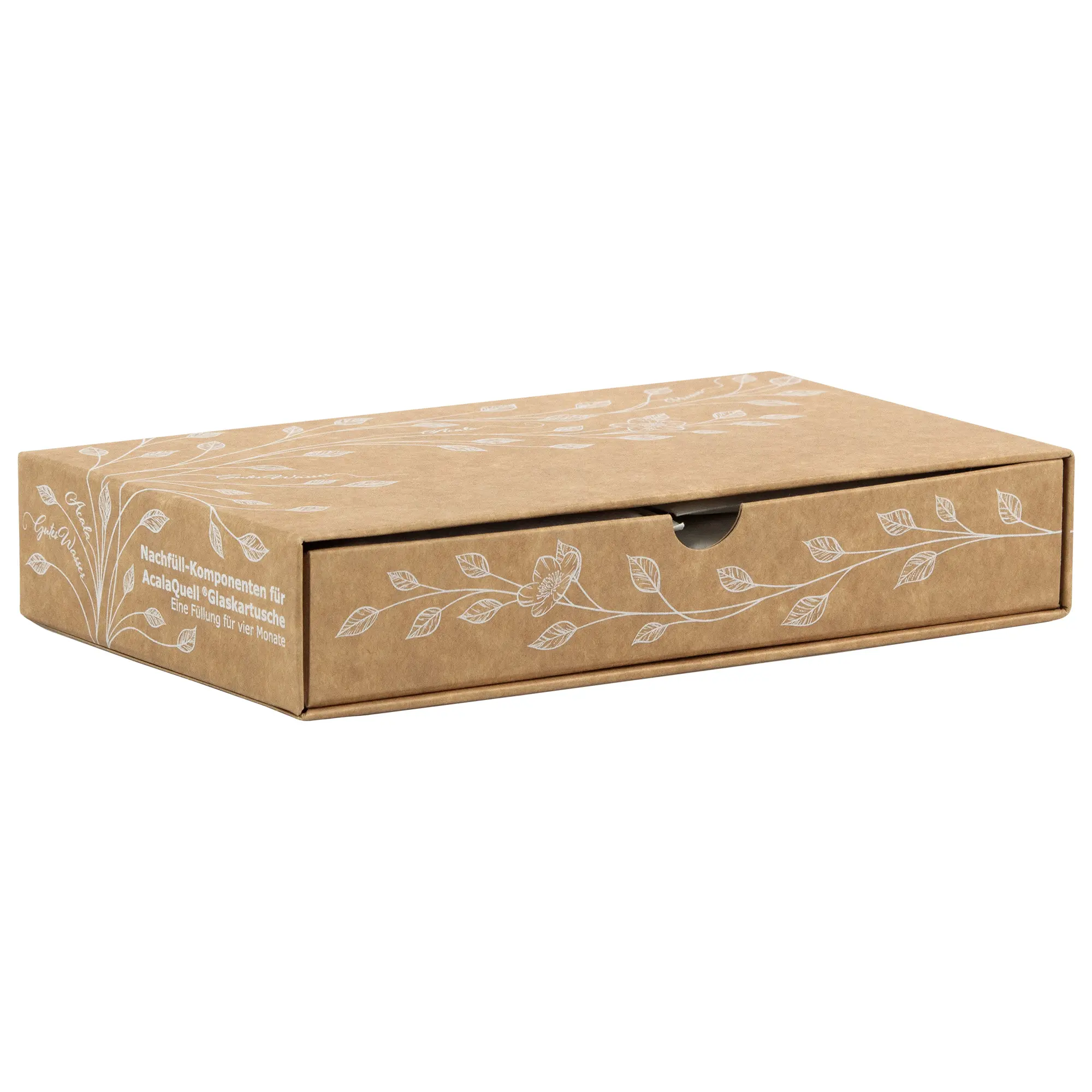 Man sieht die Verpackung für die ReNaWa Nachfüll-Komponenten für 4 Monate. Der Karton ist Naturbraun, bedruckt mit weißen Blätterranken und Infos zum Inhalt der Schubladenbox.