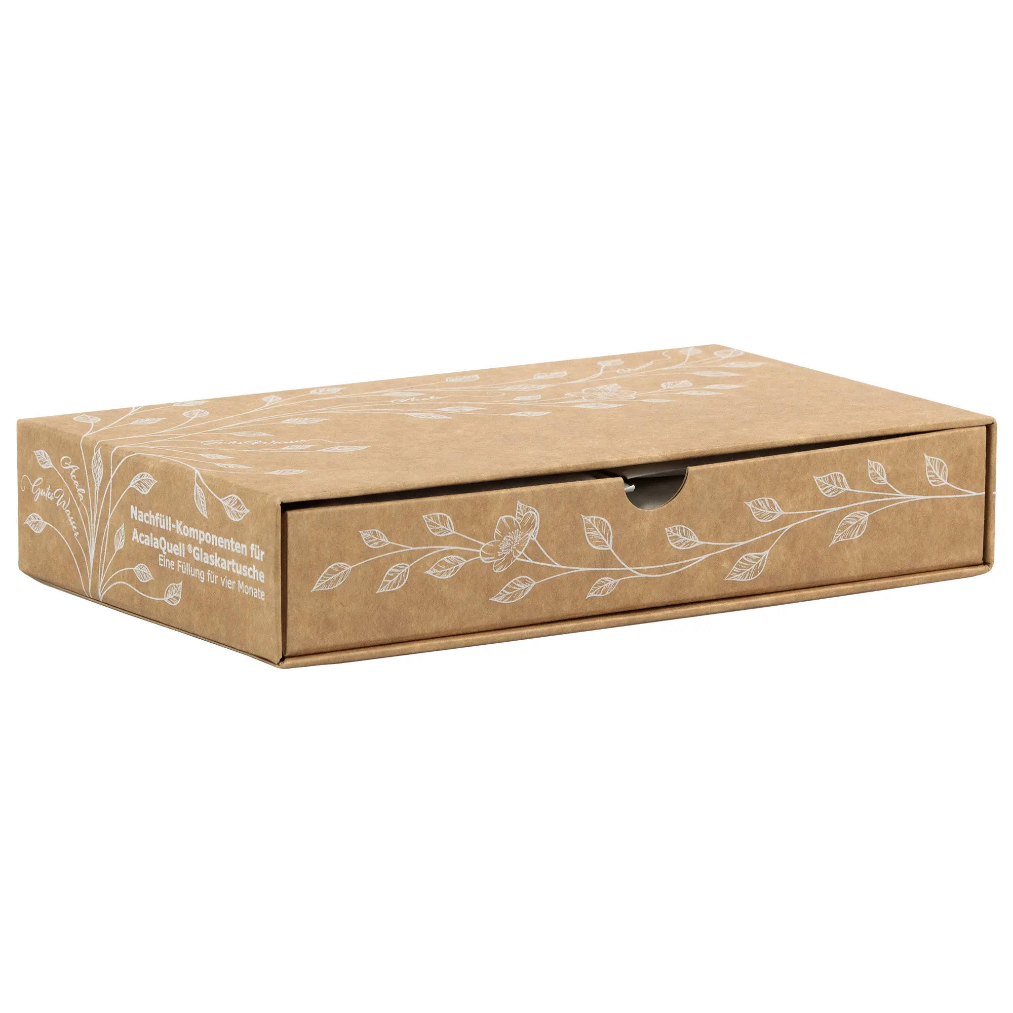 Brauner Verpackungskarton mit weißen Blumenranken für die ReNaWa-Nachfüllmaterialien der Glaskartusche für die Acala Stand Wasserfilter.
