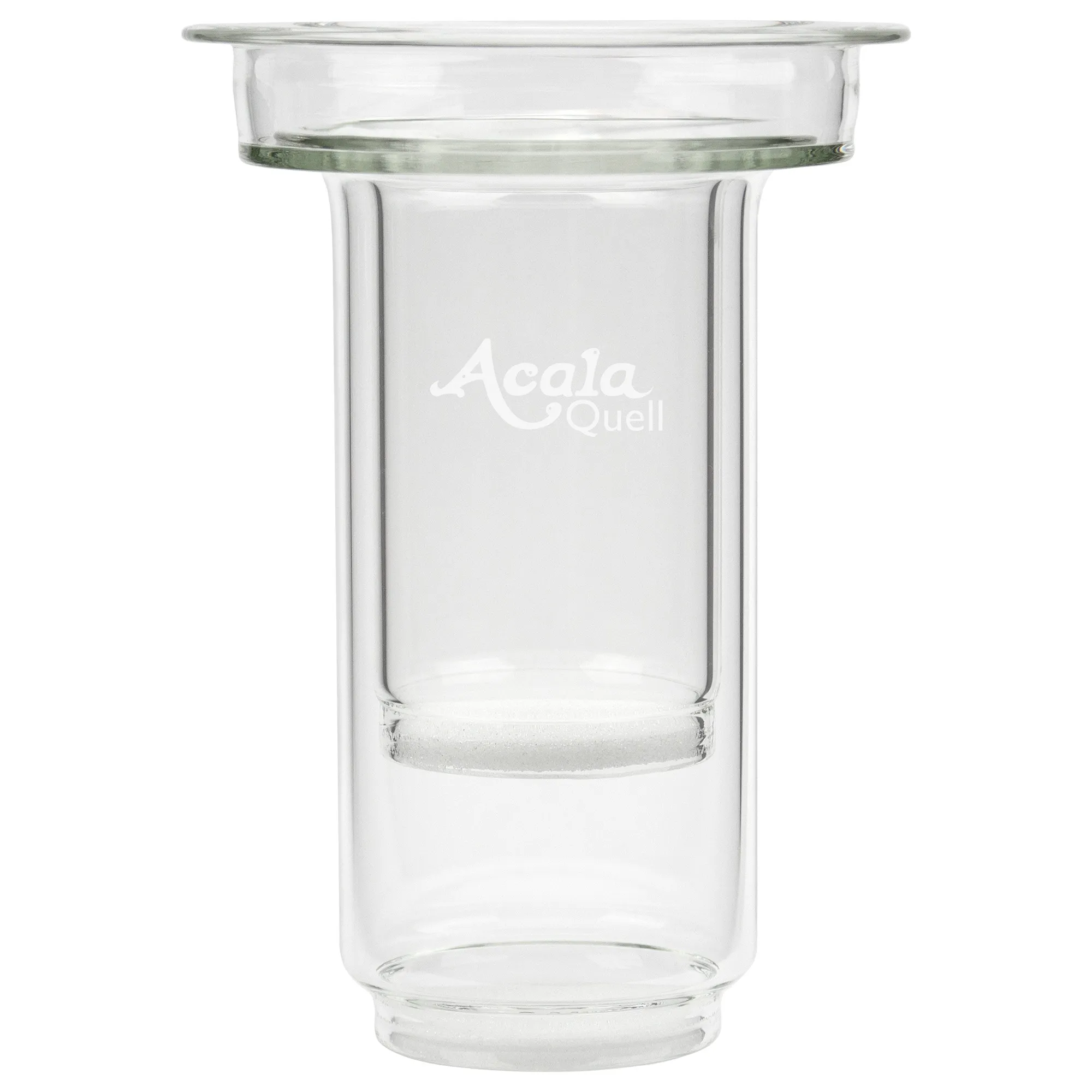 Man sieht die AcalaQuell Glaskartusche vor weißem Hintergrund. Das Glas ist kristallklar, vorne ist klein das Acala Logo eingraviert.