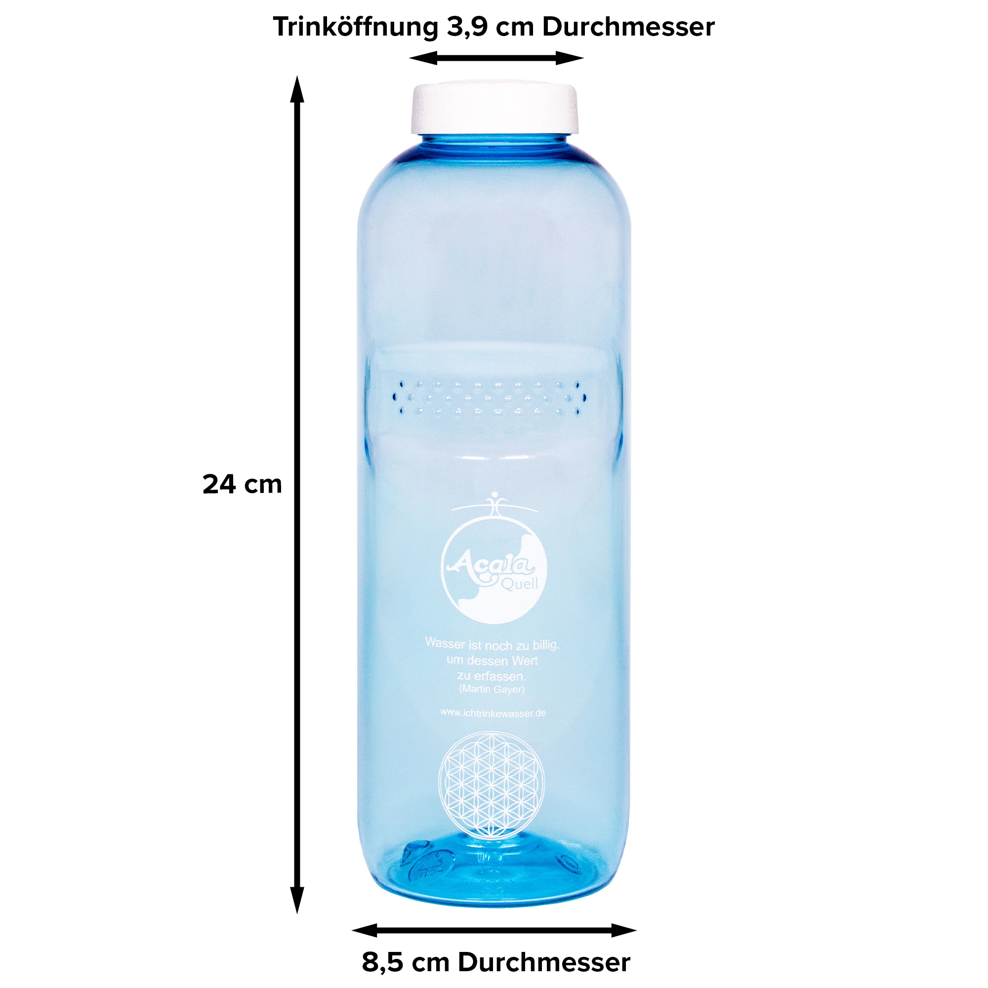 Eine blaue Tritan Trinkflasche mit weißem Schraubdeckel, weißer Hintergrund. Mit schwarzen Pfeilen sind die Maße gekennzeichnet.
