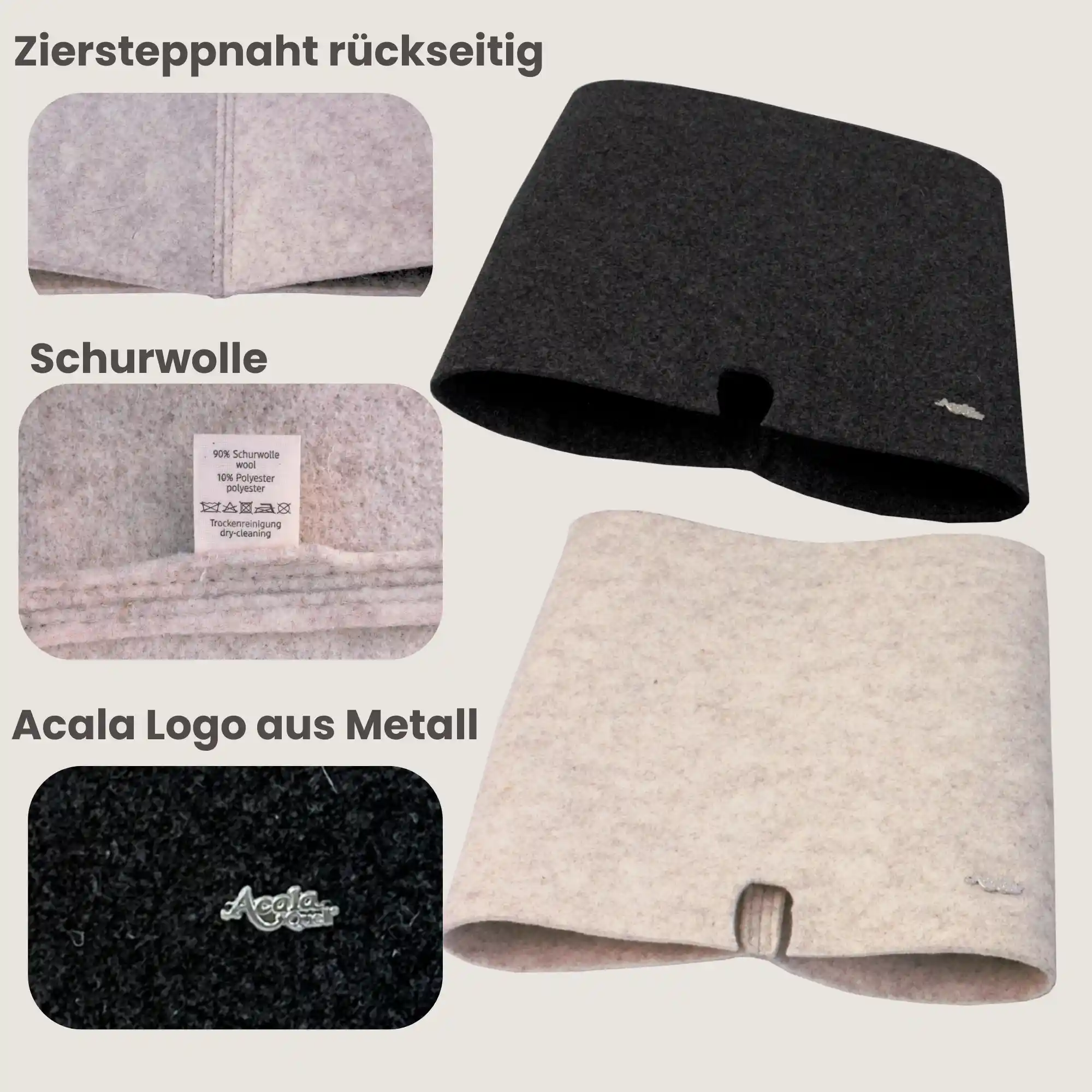 Schurwolle Lichtschutzüberzug in beige und anthrazit plus kleine Detailbilder.
