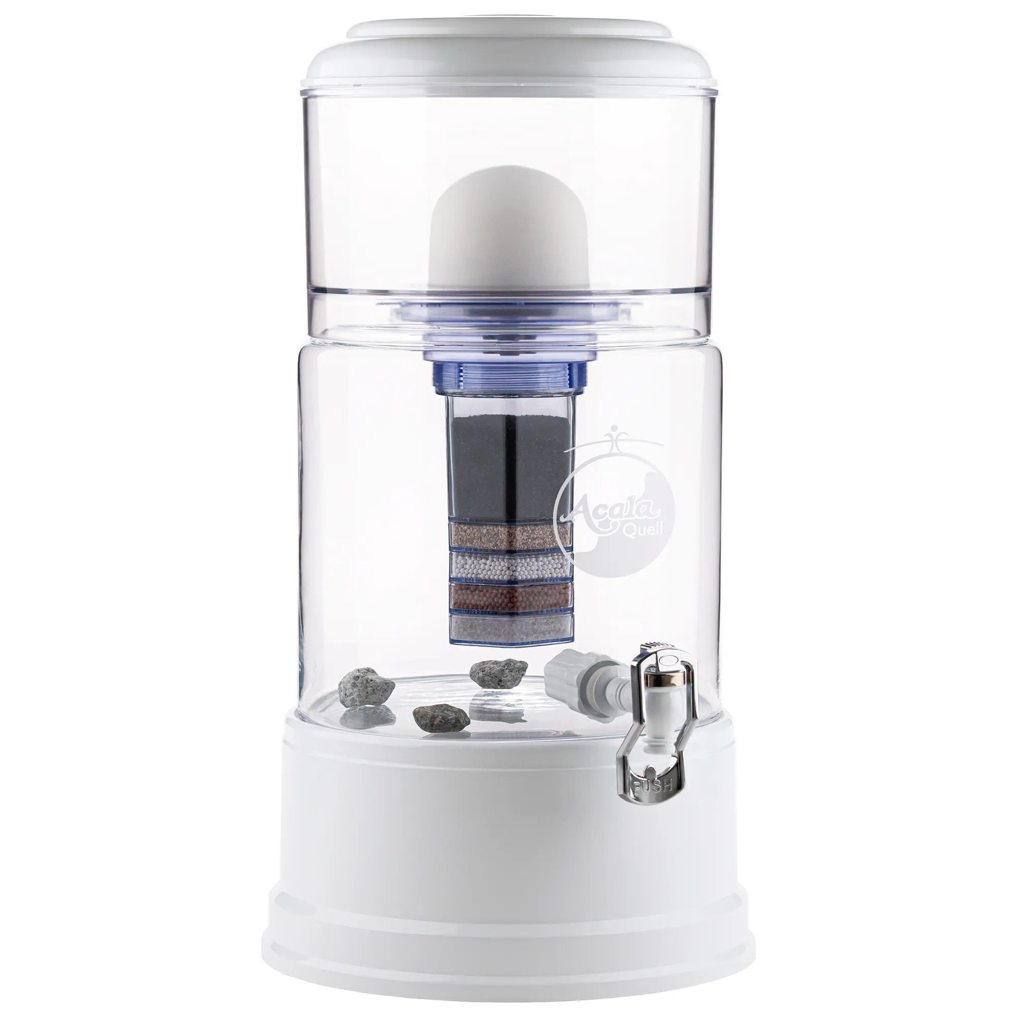 Standwasserfilter Smart von Acala kristallklar weiß mit Glastank vor weißem Hintergrund.