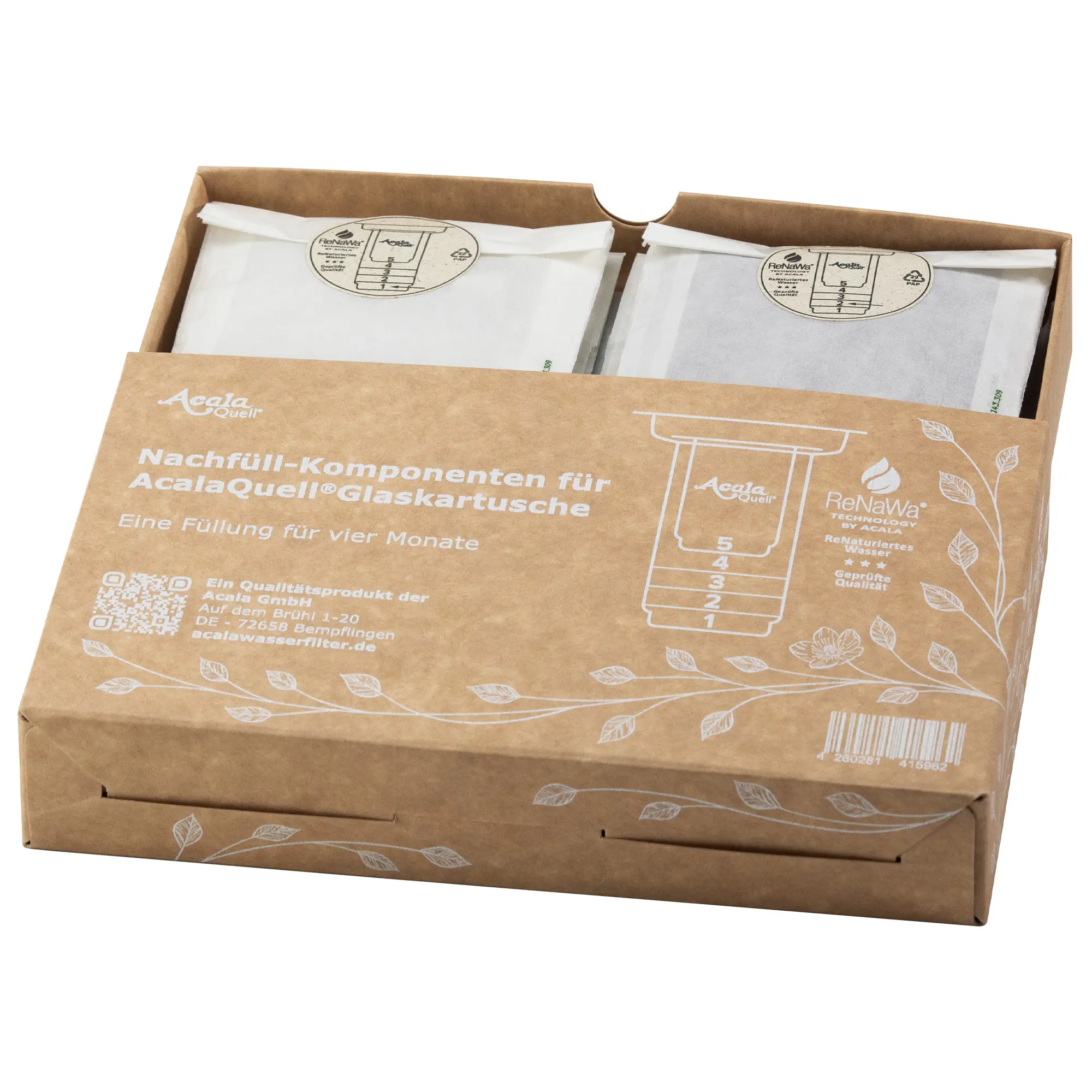 Verpackungskarton mit Beuteln darin für die ReNaWa Nachfüll-Komponenten der Glaskartusche für Acala Stand Wasserfilter.
