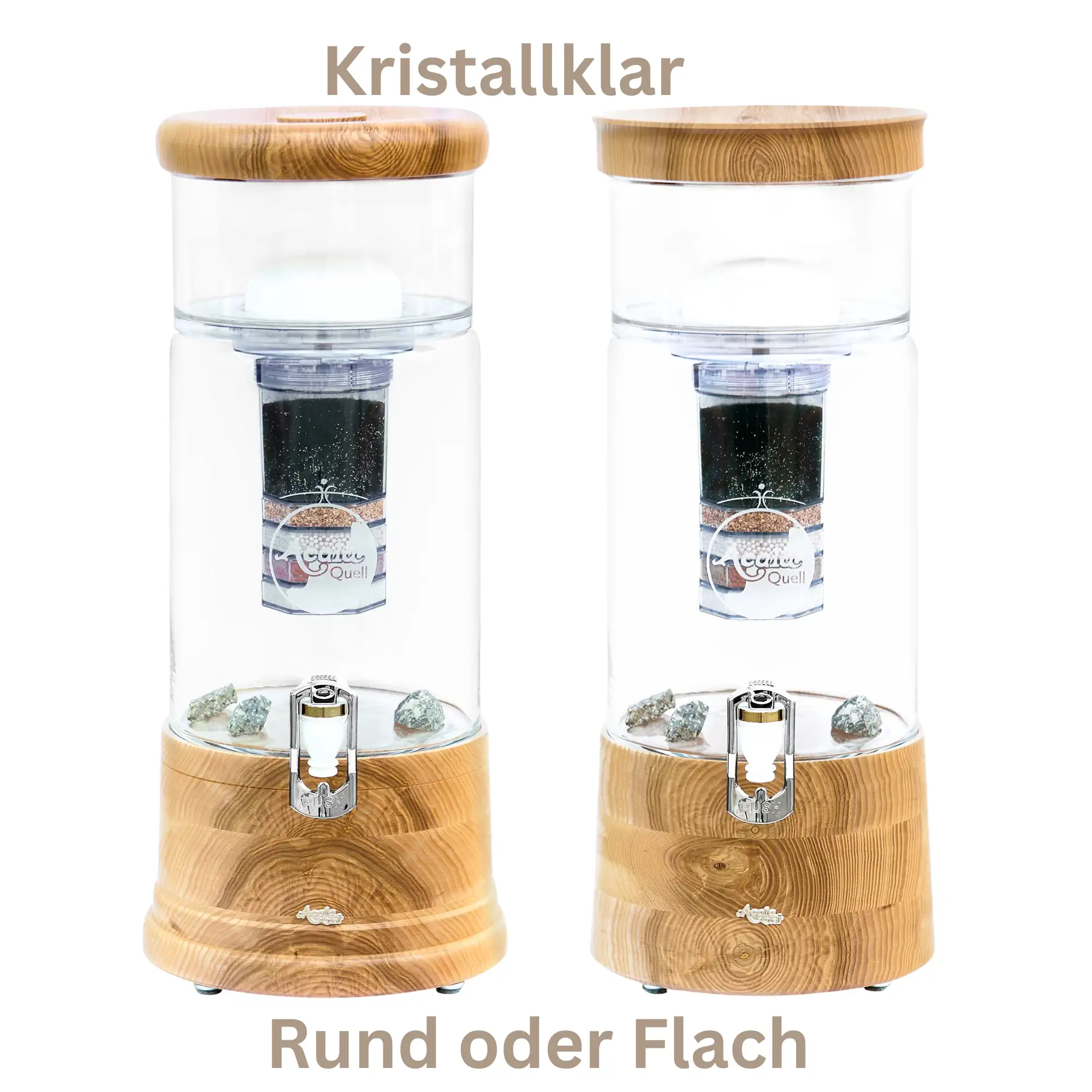 Zwei Wasserfilter Midi von Acala mit Klarem Glastank und Sockel und Deckel aus Eschenholz.