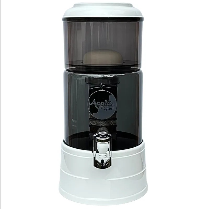 Wasserfilter Mini mit anthrzitfarbenem Glas und weißem Deckel und Sockel