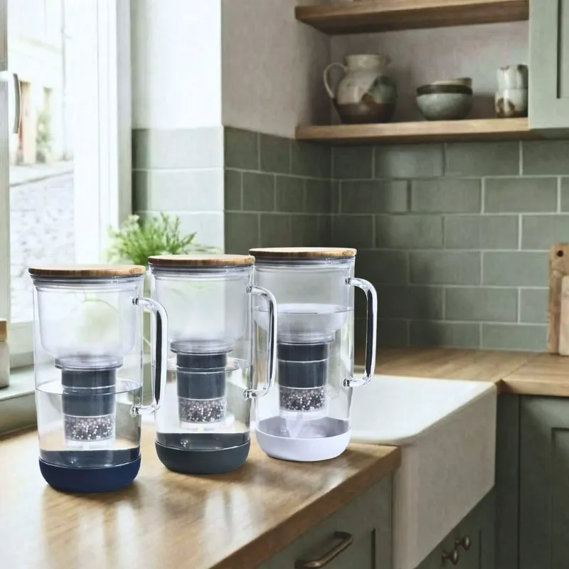 Alle 3 Farbmöglichkeiten für den Stoßschutz Stehen Mit dem Holzdeckel nebeneinander auf einer Küchenzeile