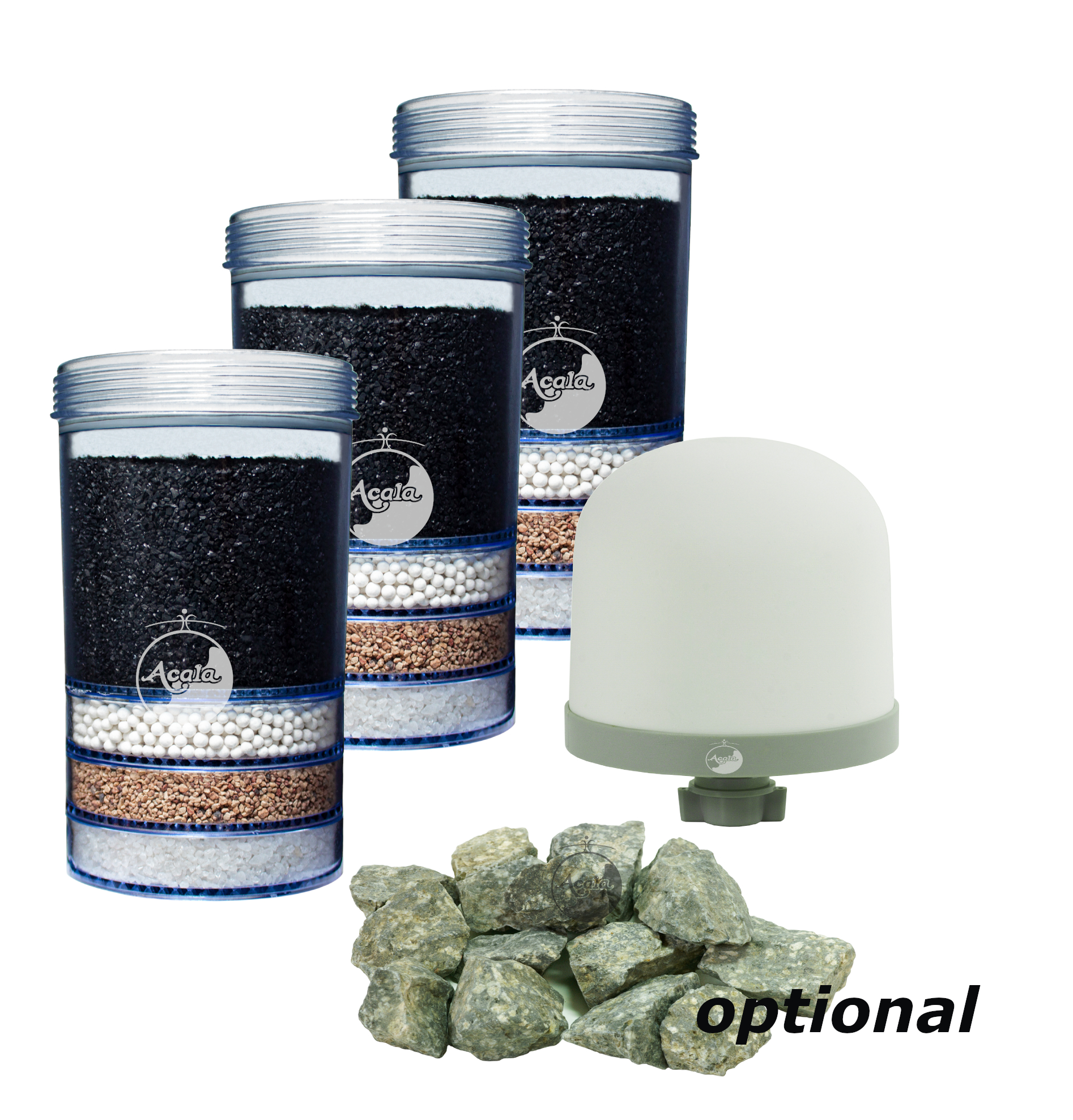 Jahrespaket Essence AcalaQuell® Smart/Grande/Luna Drei Essence Filterkartuschen, ein Keramik Vorfilter und ein Haufen mit grau grünen Mineralsteinen.