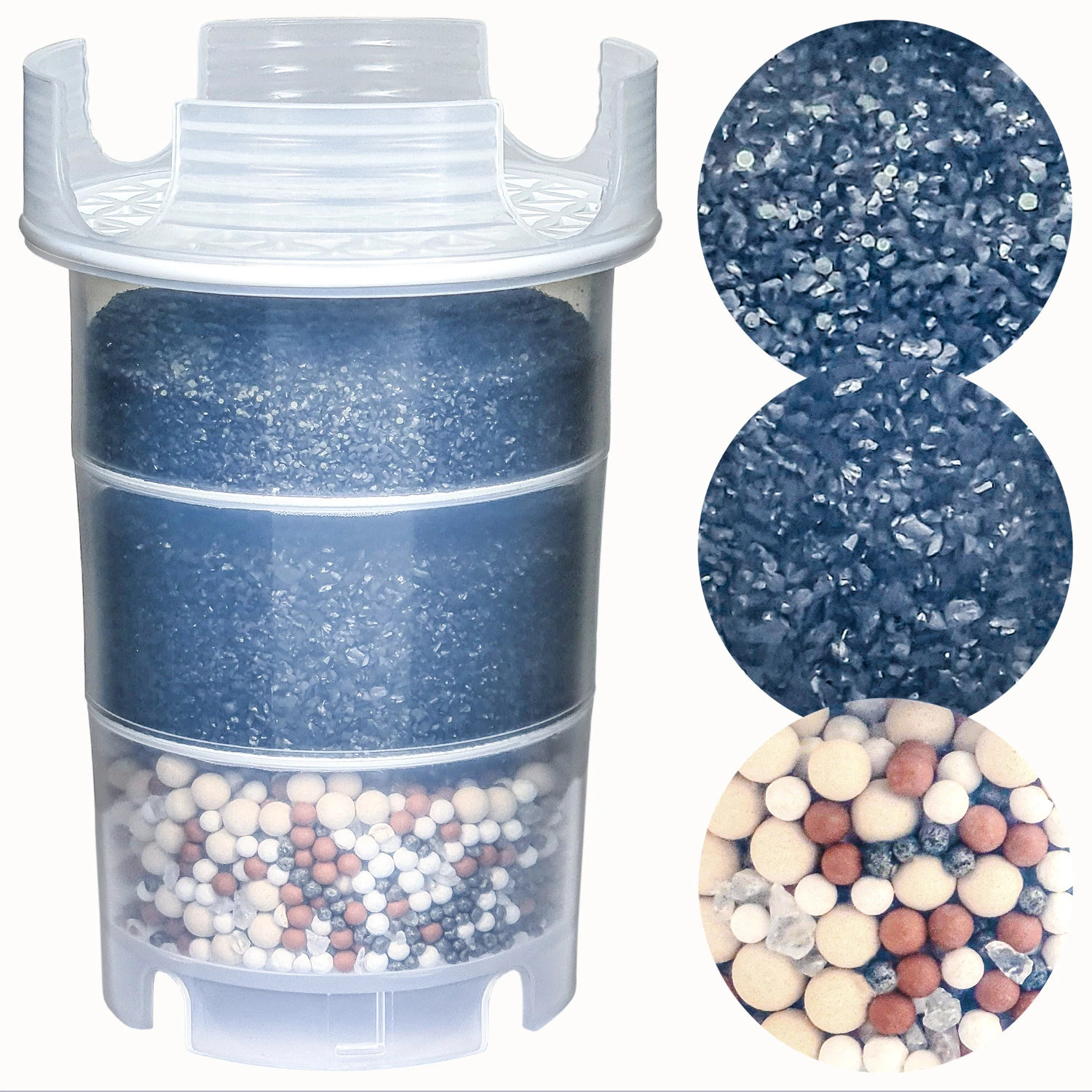 Zu sehen ist eine Filterkartusche für AcalaQuell Kannen Wasserfilter. Sie besteht aus 3 Schichten. Rechts neben der Kartusche sind Nahaufnahmen der Materialien der einzelnen Schichten in Kreisfotos zu sehen.