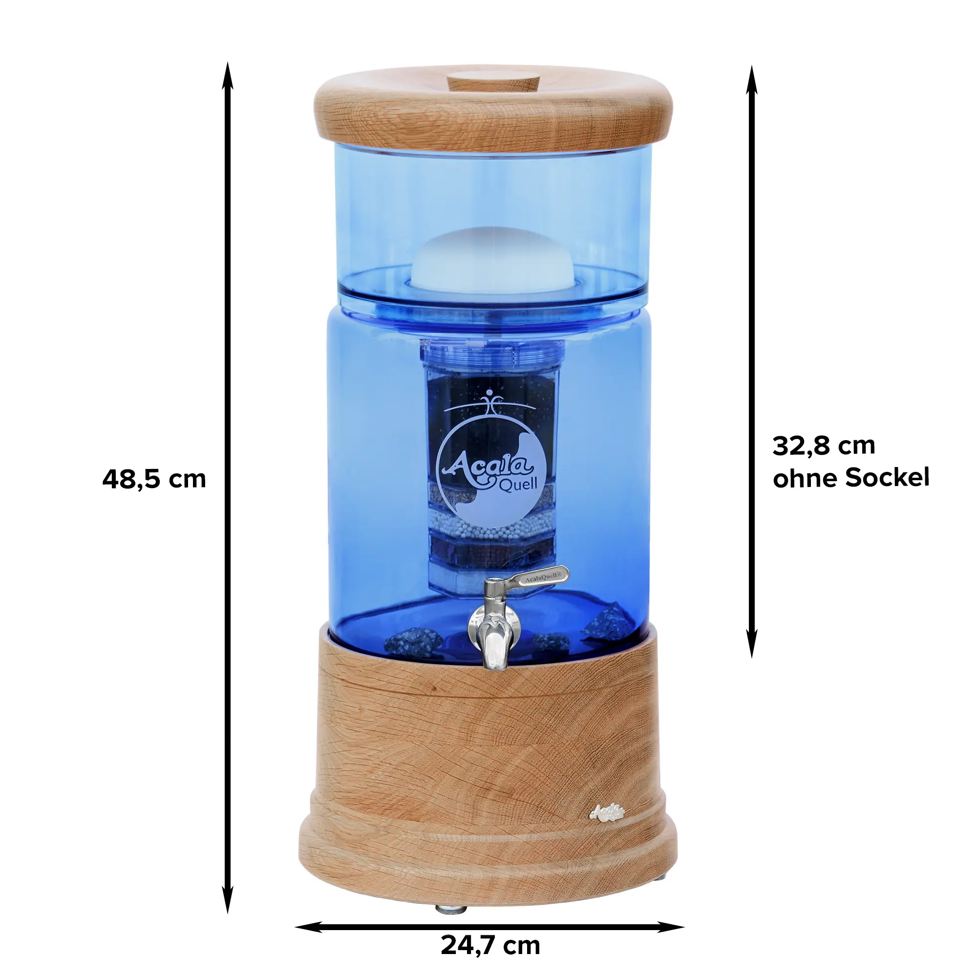 AcalaQuell Mini mit Glastank in blau und Echtholzsockel und Deckel aus Eiche, weißer Hintergrund. mit schwarzen Pfeilen sind die Maße gekennzeichnet.