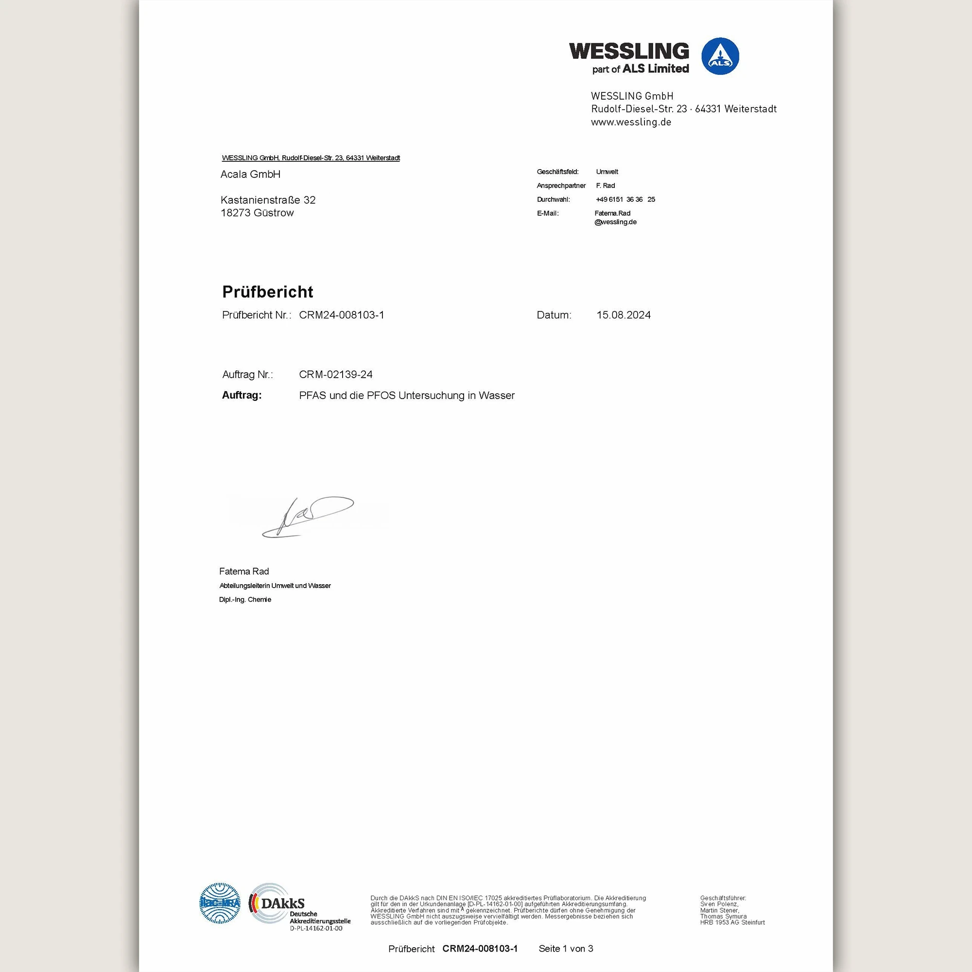Seite 1 PFAS Labortest AcalaQuell Wasserfilter.