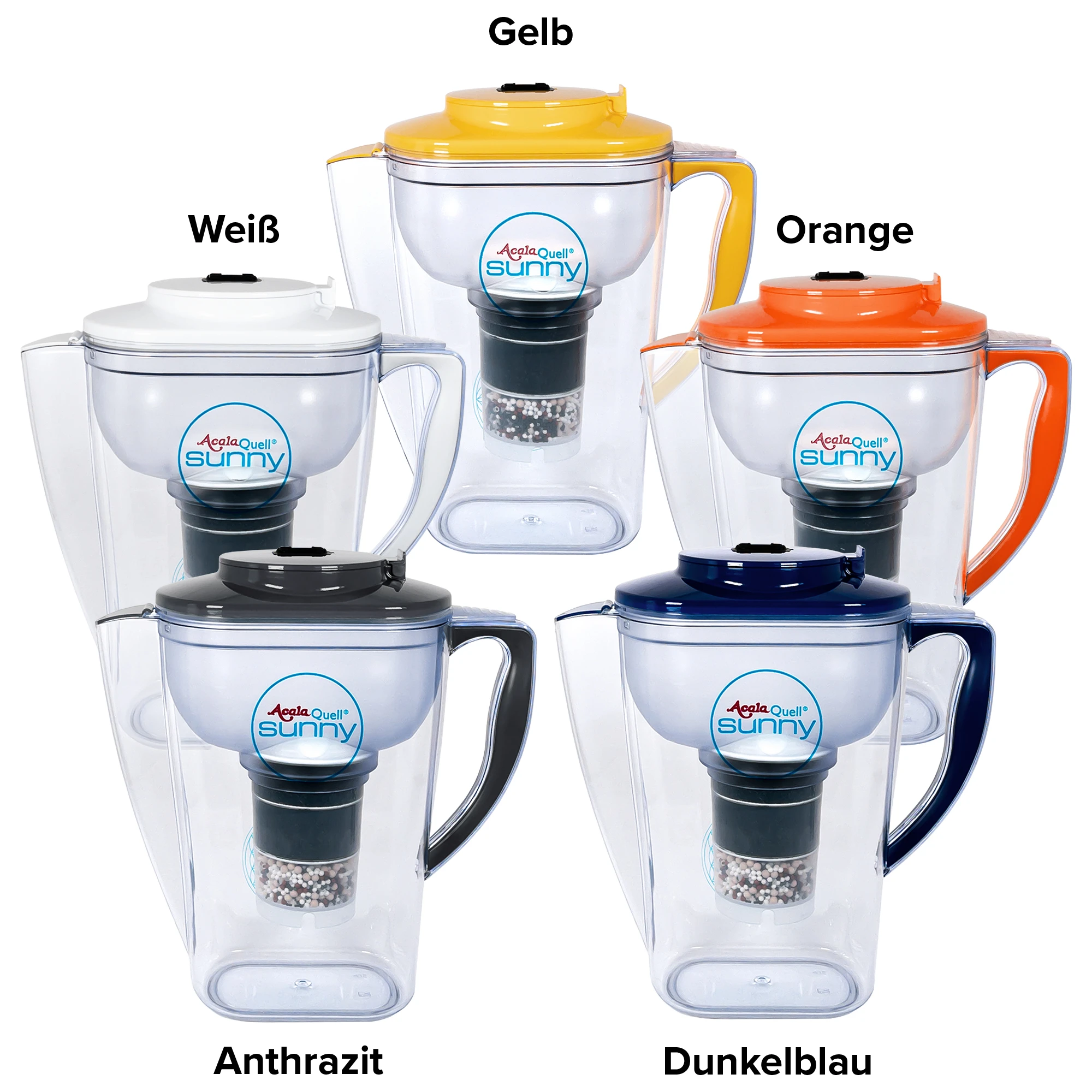 Zu sehen ist der Kannen Wasserfilter Sunny in allen Farben im Kreis angeordnet vor weißem Hintergrund. An den einzelnen Filtern steht in schwarzer Schrift die Deckelfarbe. Weiß, anthrazit, dunkelblau, gelb und orange.