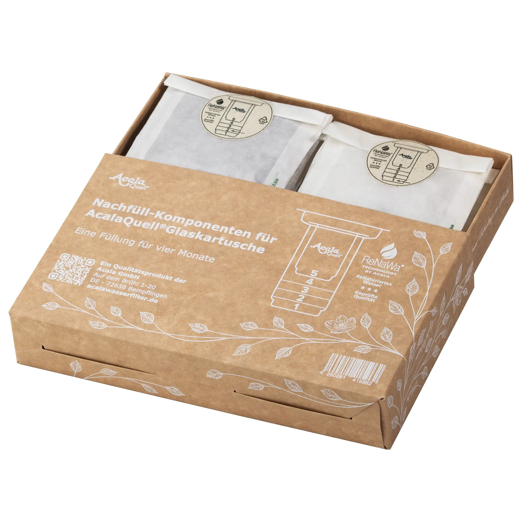 Verpackungskarton mit Beuteln darin für die ReNaWa Nachfüll-Komponenten der Glaskartusche für Acala Stand Wasserfilter.