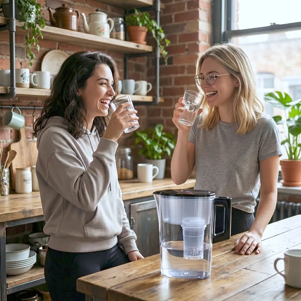 im Vordergrund steht der Kannenfilter Nilo, im Hintergrund sind zwei junge Frauen, die ein Glas Wasser,gut gelaunt,genießen