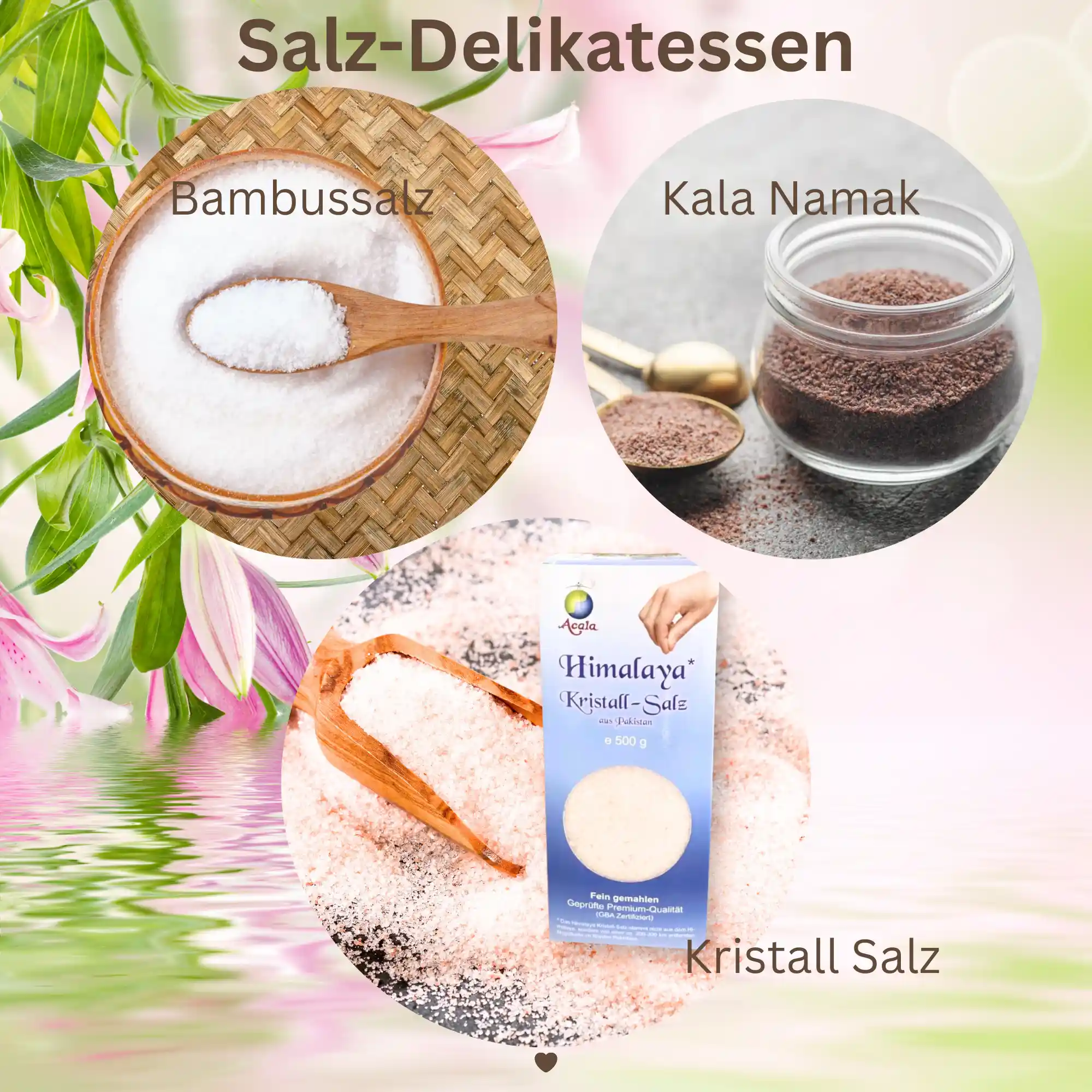 Bambussaltz und Kala Namak Salz und Kristallsalz