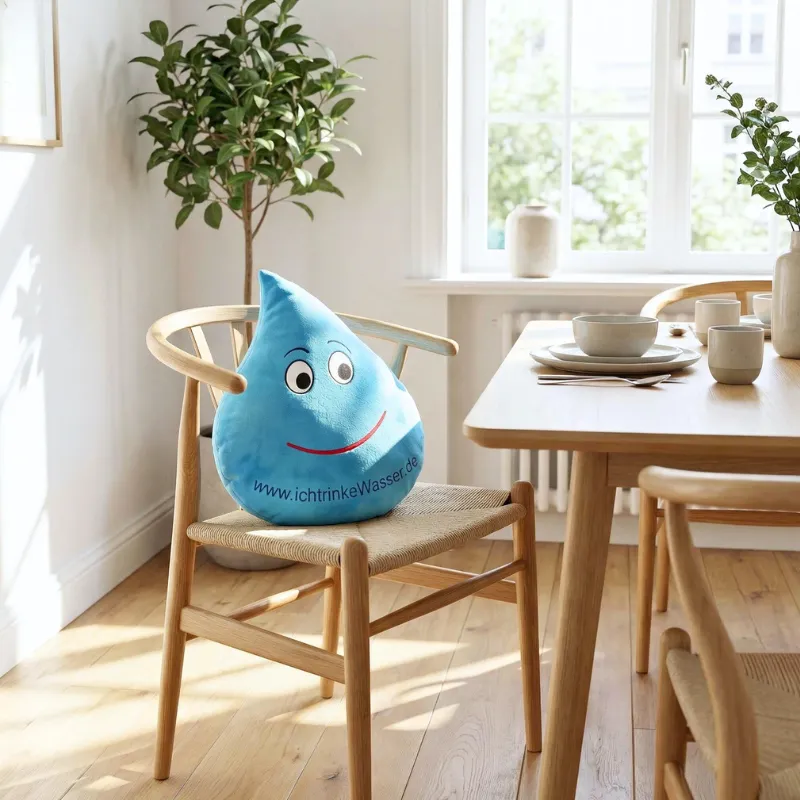 Ein Tropfen mit Smiley Gesicht sitzt auf dem Stuhl am Esstisch