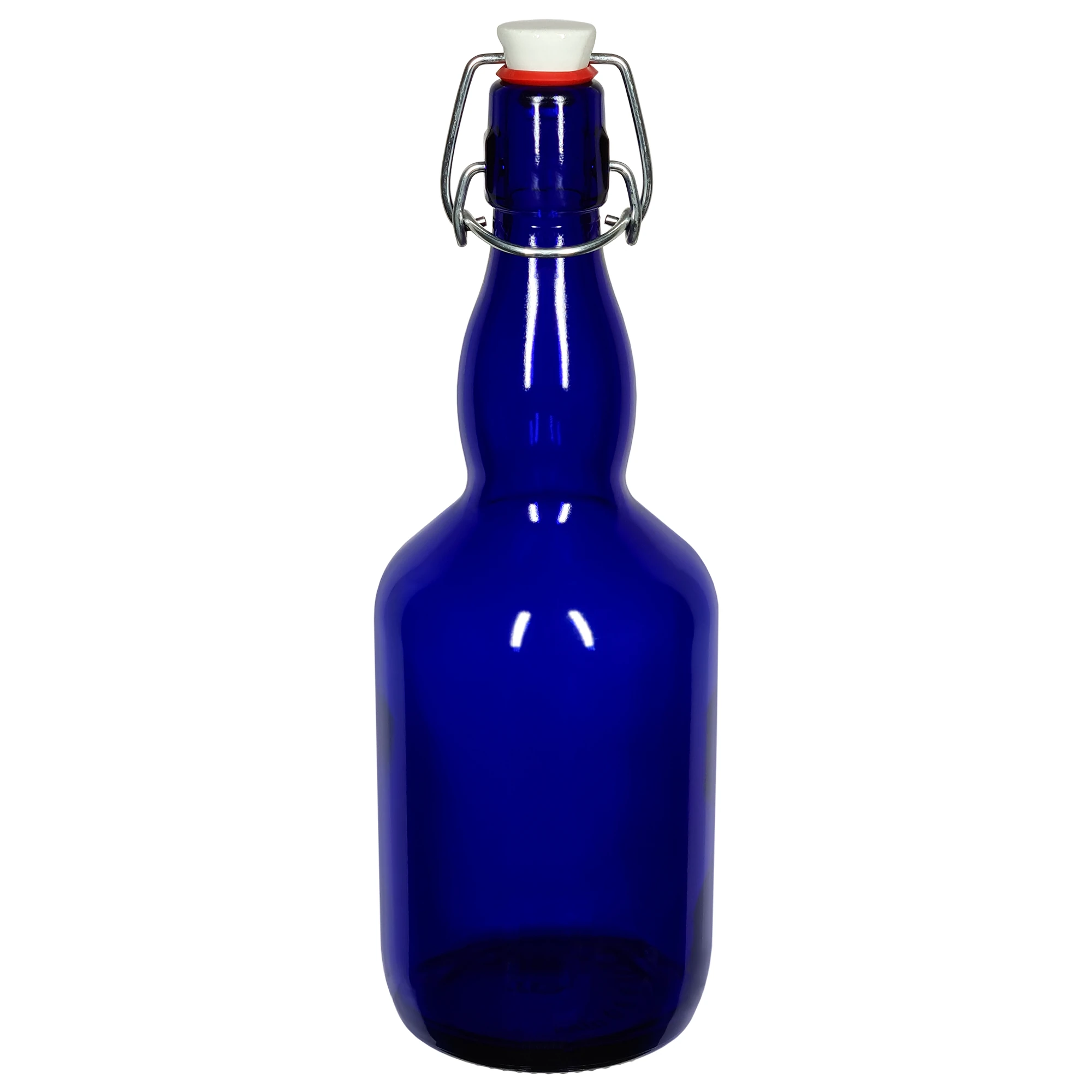 Blauglasflasche 0.75L mit Bügelverschluss Dunkelblaue, fast undurchsichtige, Glasflasche. Die Flasche ist bauchig und hat einen längeren Hals. Der Bügelverschluss, mit einem weißen Keramikdeckel, ist geschlossen.