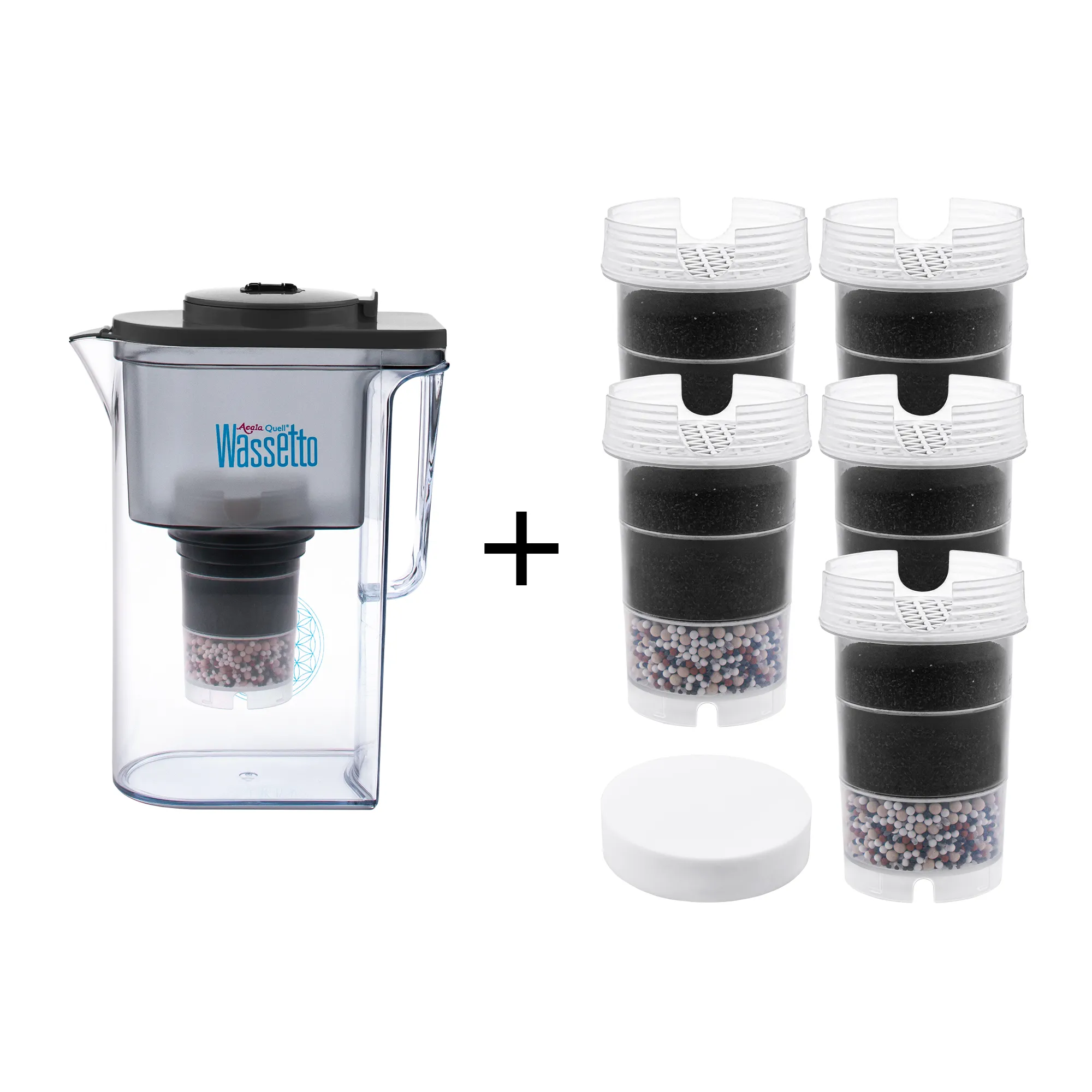 Kannen Wasserfilter Acala Quell Wassetto mit Deckel und Ausgussschnabel in anthrazit inklusive einer Filterkartusche und einem Mikroschwamm plus fünf Filterkartuschen und ein Mikroschwamm. Mit diesem Einsteigerpaket ist man für ein Jahr versorgt.