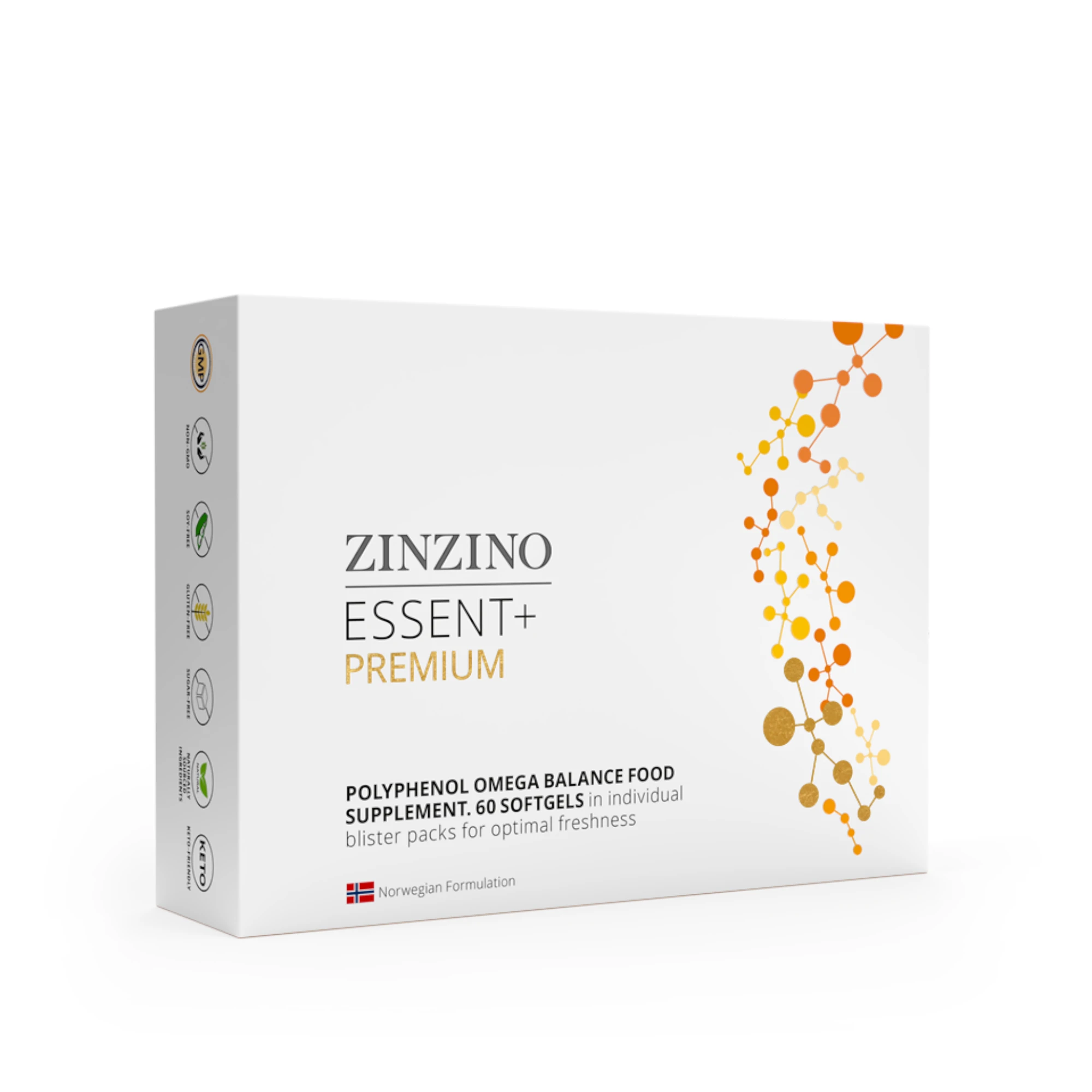 Zu sehen ist eine Schachtel Zinzino Essent Plus Premium vor weißem Hintergrund. Es handelt sich um ein Nahrungsergänzungsmittel von Zinzino. 
