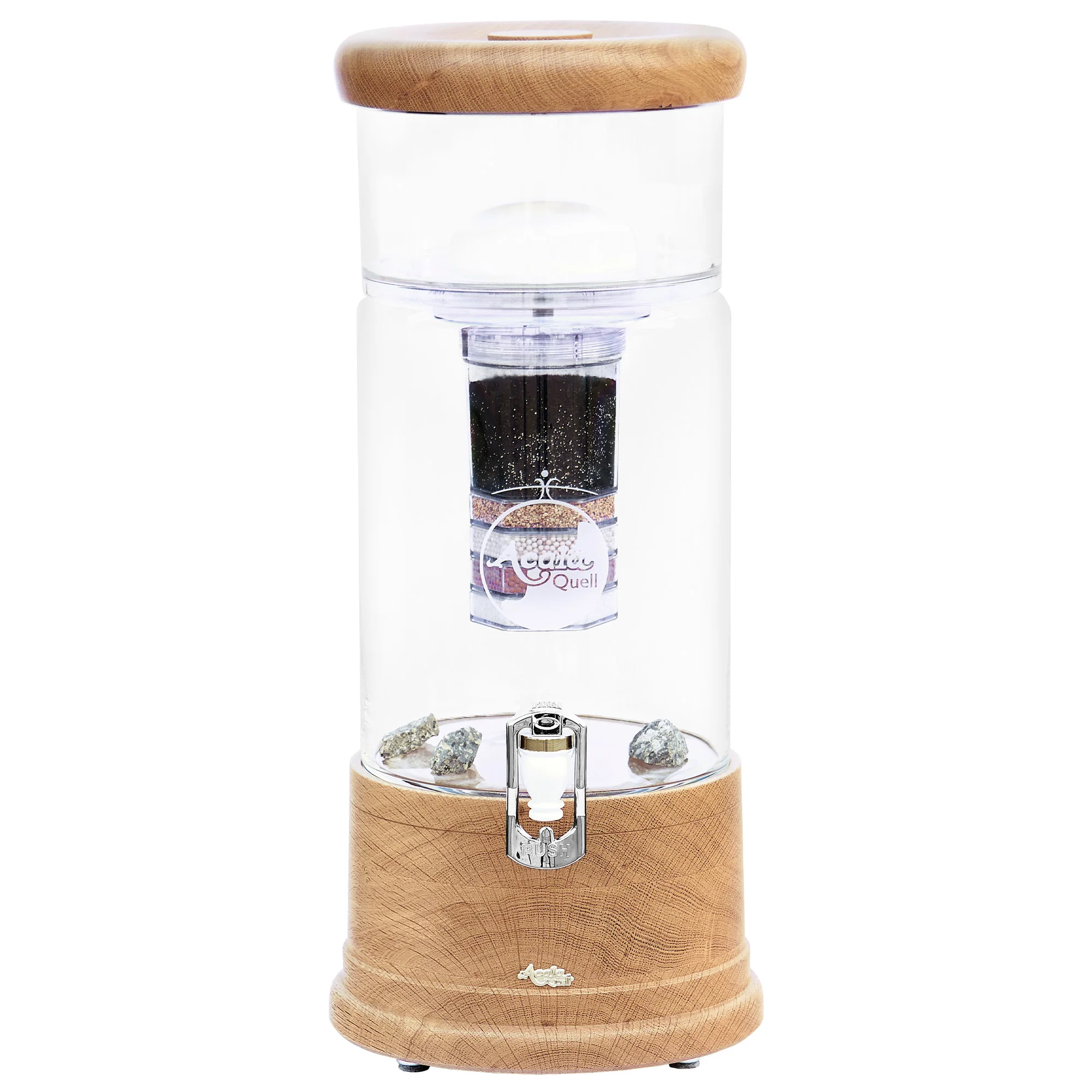 AcalaQuell® Midi Echtholz Eiche mit klarem Glas AcalaQuell Midi mit Glastank in kristallklar und Deckel und Sockel aus Eiche Echtholz, weißer Hintergrund.
