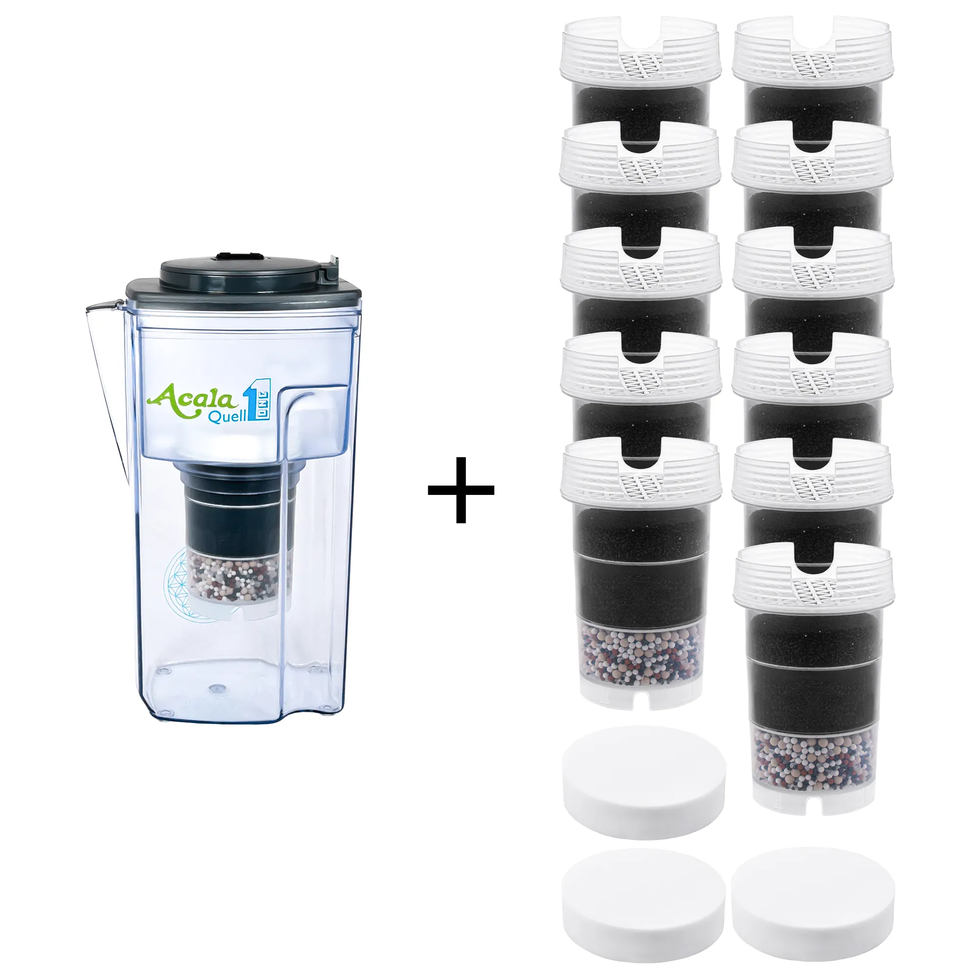 Acala Quell Kannen Wasserfilter ONE mit Deckel in anthrazit inklusive einer Filterkartusche und einem Mikroschwamm plus elf Filterkartuschen und 3 Mikroschwämme. Mit diesem großen Einsteigerpaket ist man für zwei Jahre versorgt.