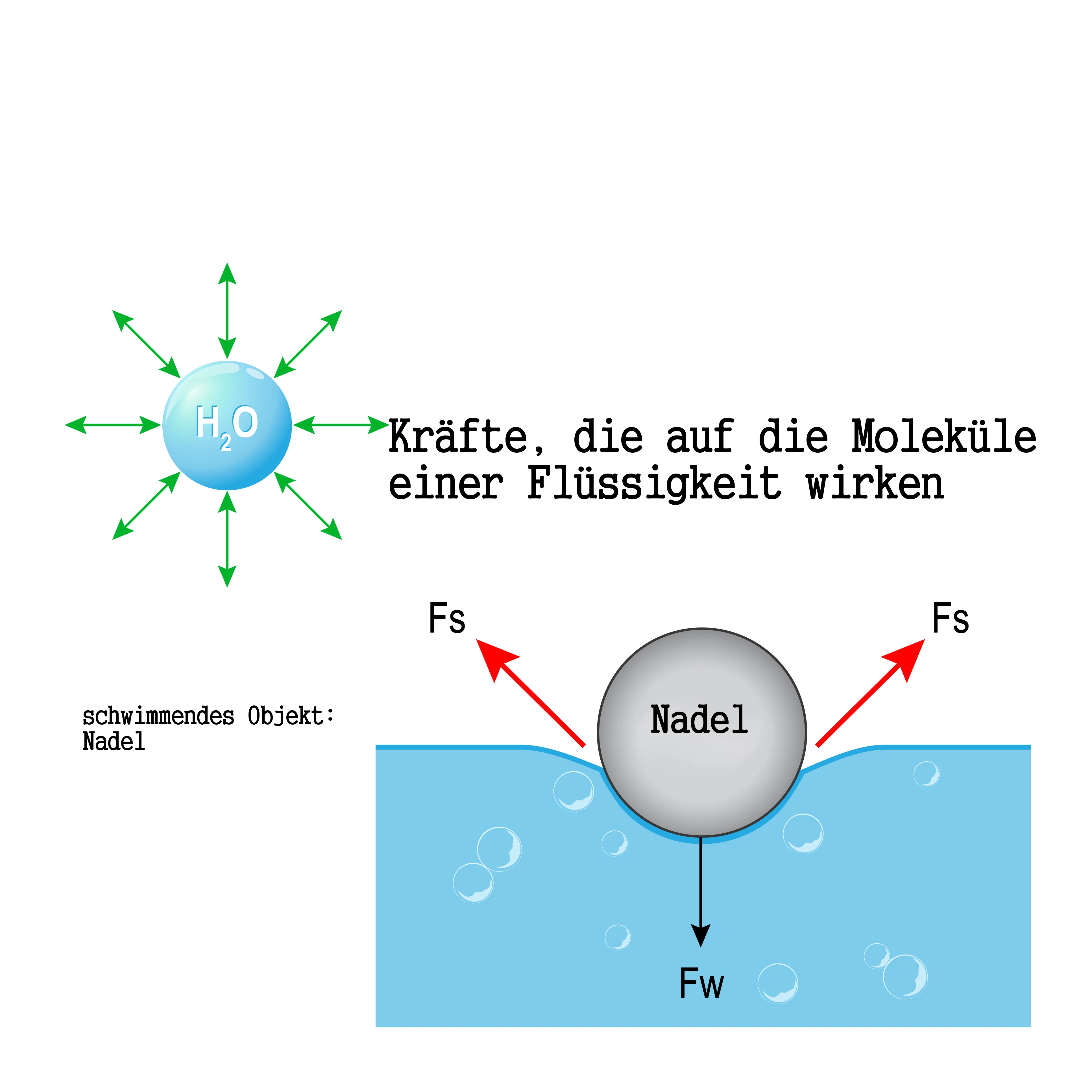 Zeichnerisch dargestellt, welche Kräfte auf die Moleküle einer Flüssigkeit wirken. Das Bild soll erklären, warum eine Nadel auf dem Wasser schwimmt und nicht untergeht, es gehört zum Acala Blog Oberflächenspannung.