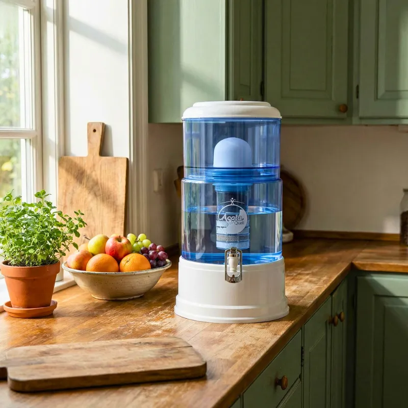 Wasserfilter blau mit weißen Deckel und Sockel in einer Küche auf der Arbeitsplatte
