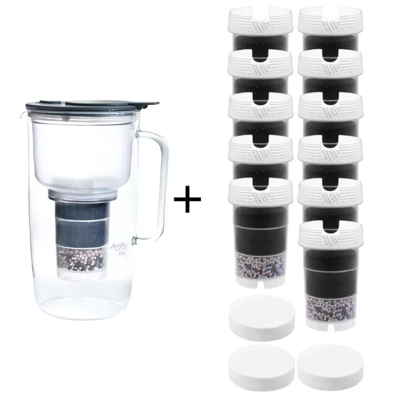 großes Sparset für Mira Kannenfilter, der Kannenfilter ist inkl. einer KArtusche und einem Mikroschwamm plus 11 Kaartuschen und 3 Mikroschwämmen