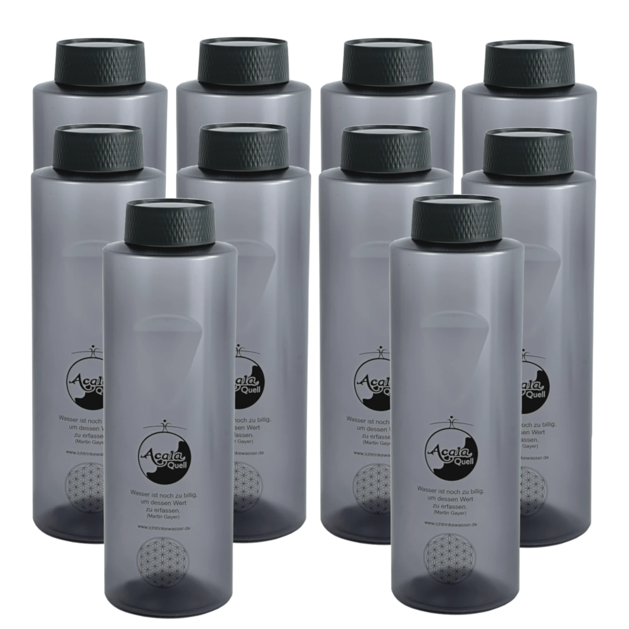 Zehn Tritan Trinkflaschen Grip 0,8L in anthrazit mit grauem Schraubdeckel vor weißem Hintergrund.