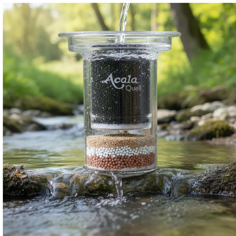 Die Acala Filterkartusche aus Glas in auf einem Stein in einem natürlichen Bach