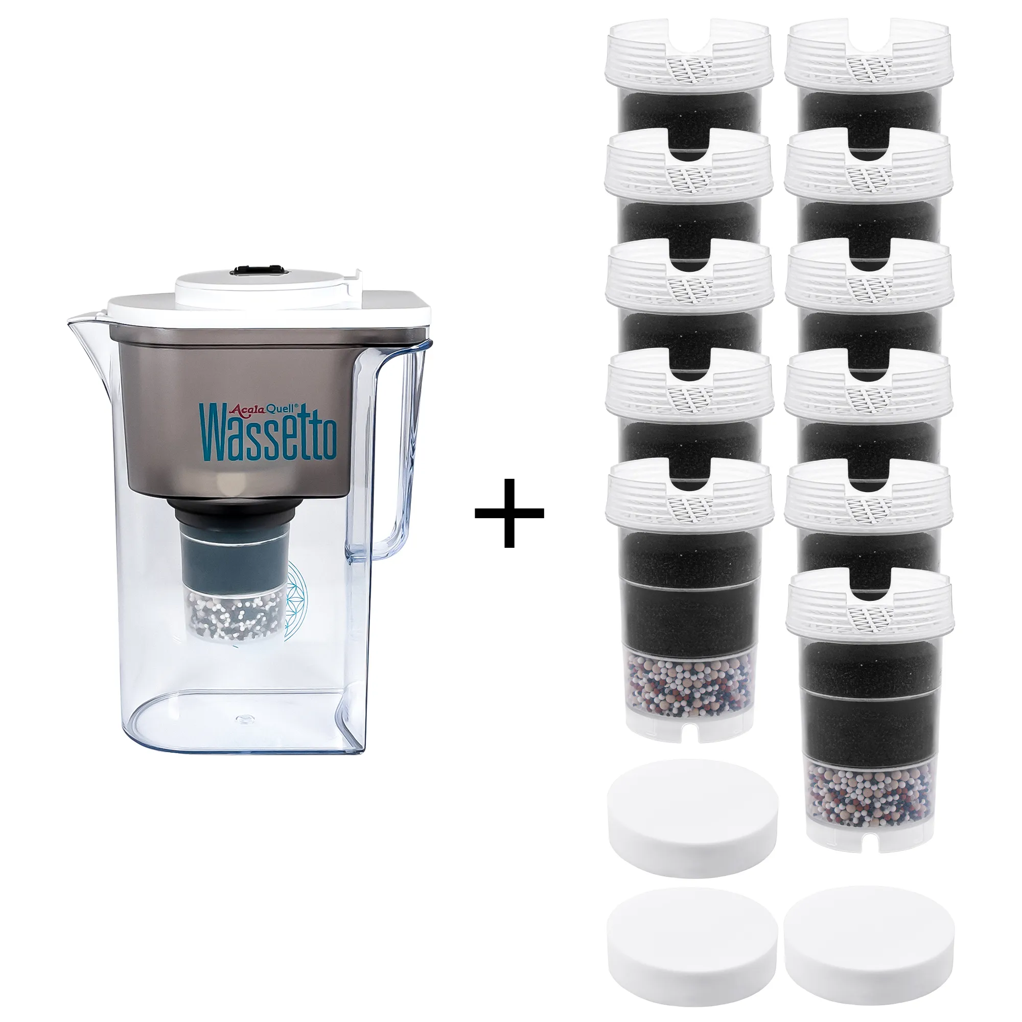 AcalaQuell® Wassetto - großes Einsteigerpaket Acala Quell Kannen Wasserfilter Wassetto mit Deckel in weiß inklusive einer Filterkartusche und einem Mikroschwamm plus elf Filterkartuschen und 3 Mikroschwämme. Mit diesem großen Einsteigerpaket ist man für zwei Jahre versorgt.