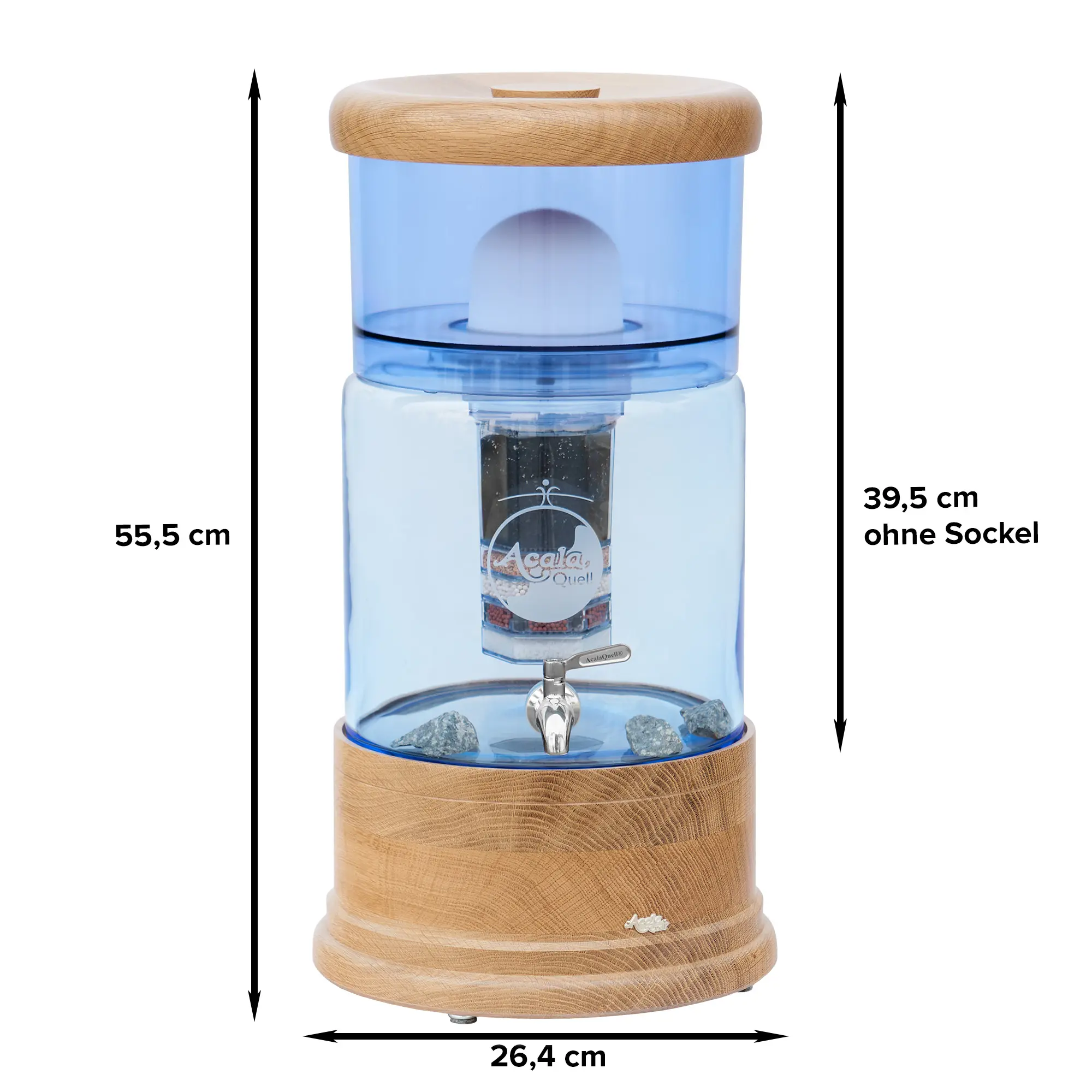 AcalaQuell Smart mit Glastank in blau und Deckel und Sockel aus Eiche Echtholz, weißer Hintergrund. Mit schwarzen Pfeilen sind die Maße gekennzeichnet.