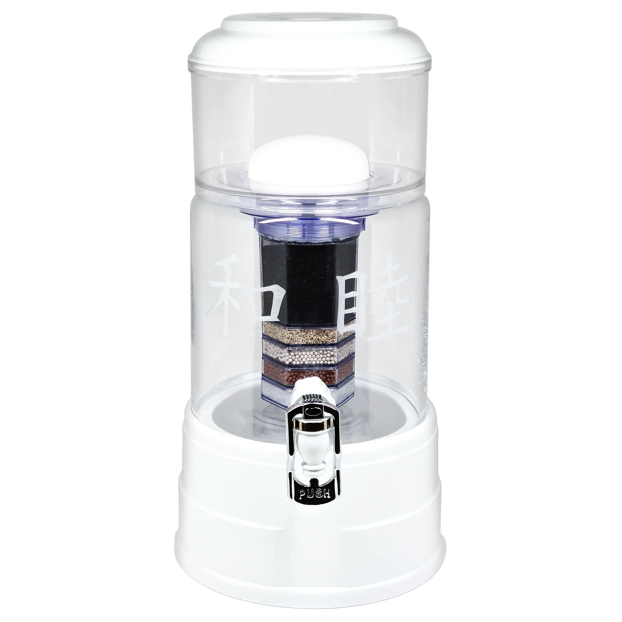 Glastank für einen Acala Wasserfilter in klarem Glas mit dem gravierten chinesischen Zeichen Harmonie.