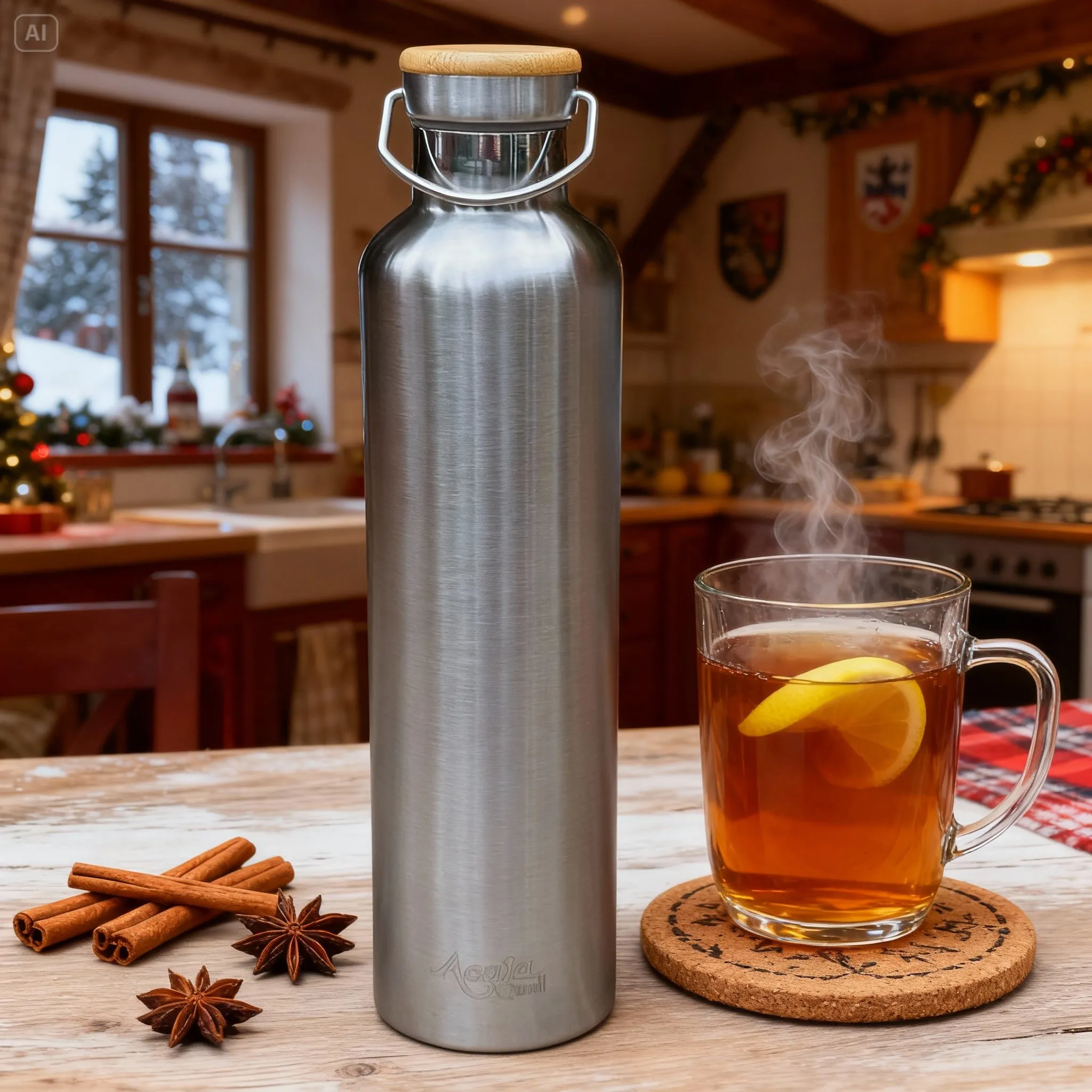 Thermosflasche in Silber in eineer Küche, daneben ein heißer Zitronentee