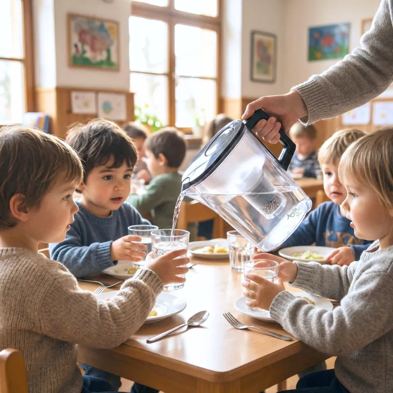 Ein Tisch im Kindergarten mit 4 Kindern vor denen jeweil ein Glas und ein Teller mit Essen steht. Ein Arm mit den Wasserfilter Nila kommt von Rechts und schenkt in ein Glas eines Kindes Wasser ein