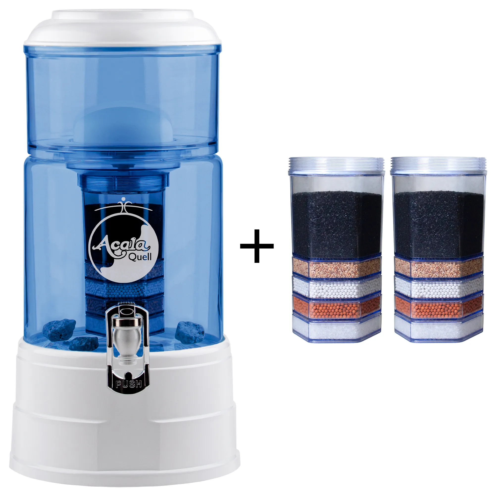 Zu sehen ist der Acala Wasserfilter Mini in blau-weiß inklusive einer Filterkartusche und einem Keramikfilter. Zusätzlich sieht man zwei Filterkartuschen. Das Bild zeigt das Einsteigerpaket für ein Jahr.