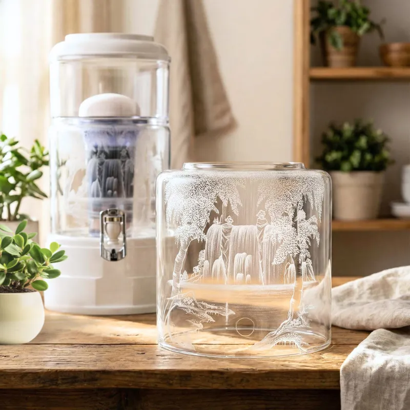 5 Liter Glas mit Handgravur Wasserfall mit Mini im Hintergrund