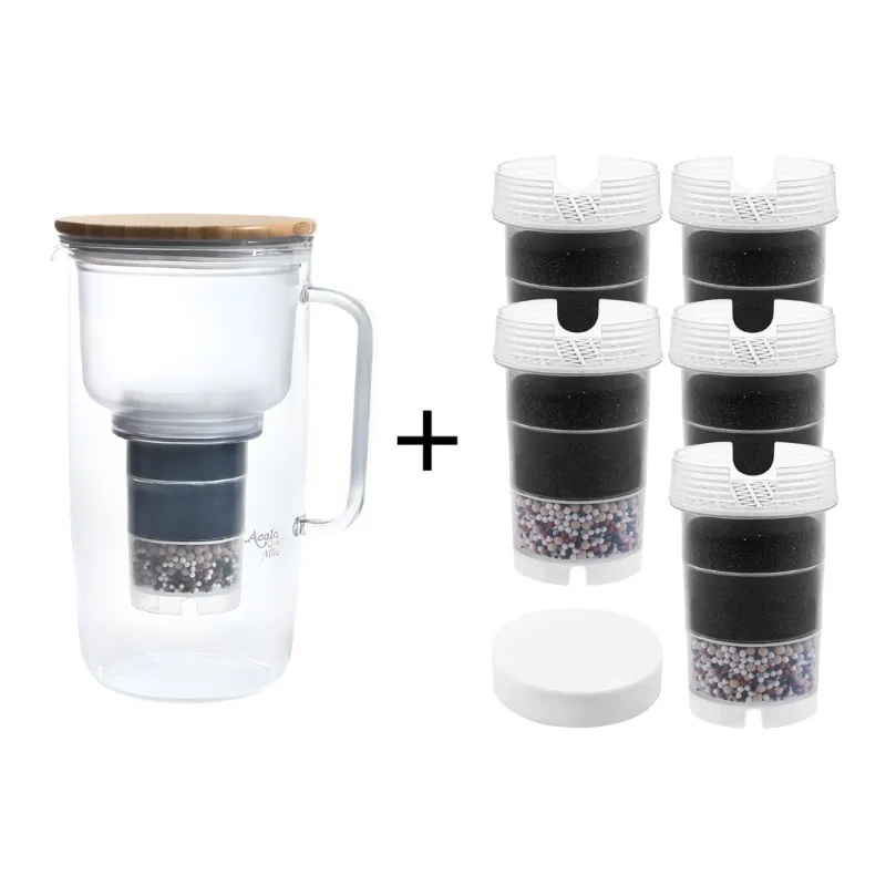 Kannen- Wasserfilter Mira Inklusive einer Kartusche eine Mikroschwamm plus 5 zusätzliche Kartuschen und einen zusätzlichen Mikroschwamm, Deckel ist aus Holz