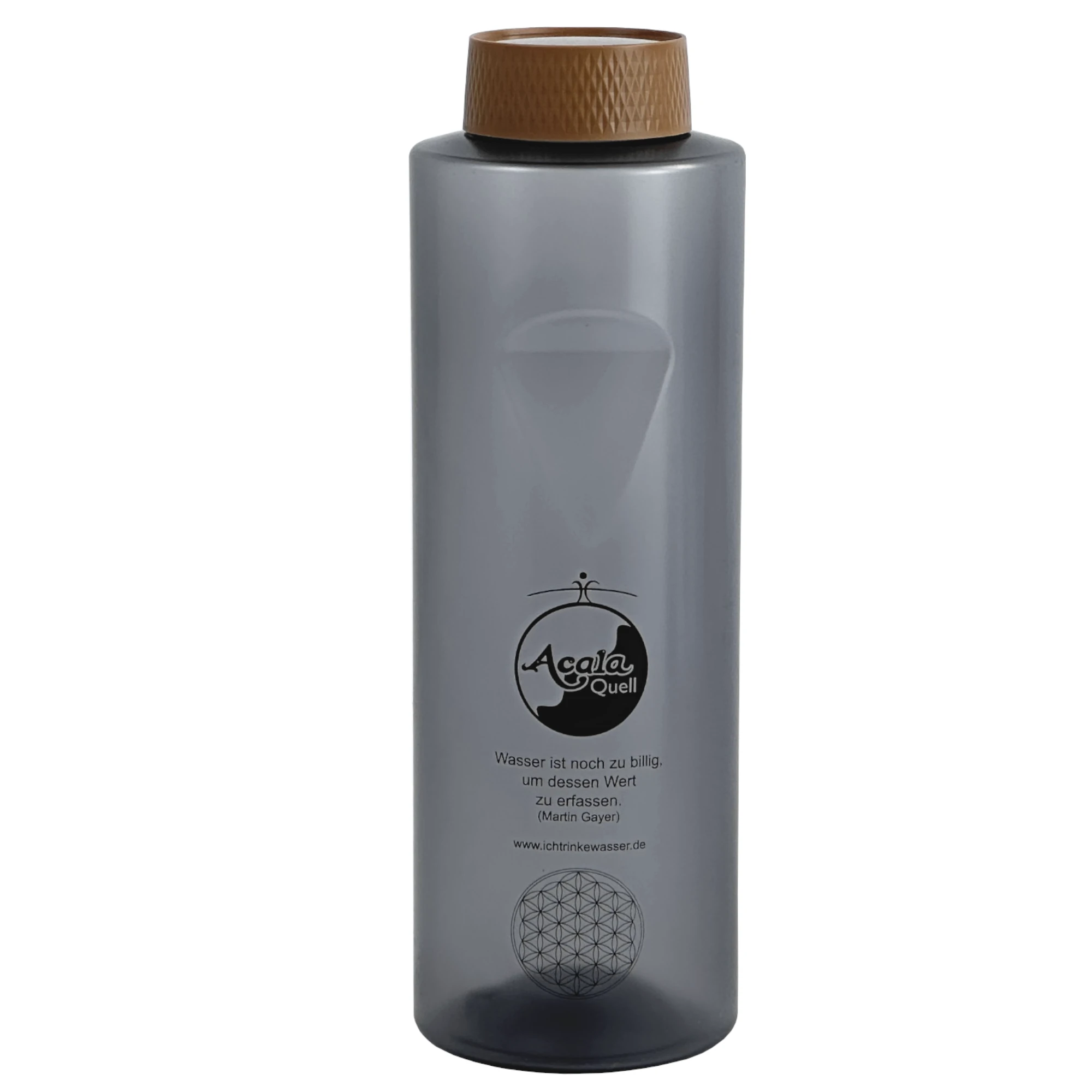 Acala Trinkflasche Grip 0,8L - Anthrazit aus Tritan Eine Tritan Trinkflasche Grip 0,8L in anthrazit mit braunem Schraubdeckel vor weißem Hintergrund.