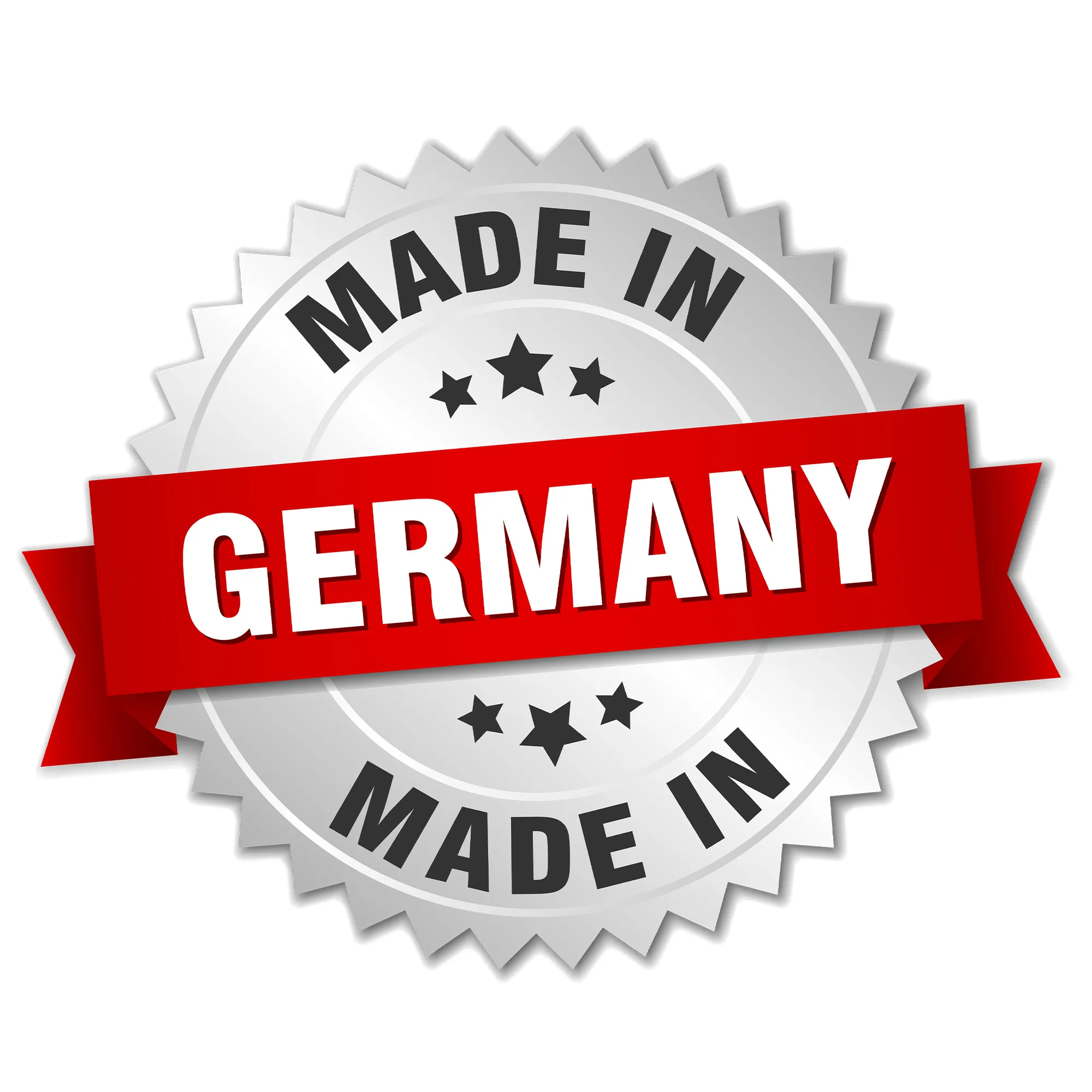 eine rote schleife auf einem silbernen Grund und darauf steht Made in Germany 